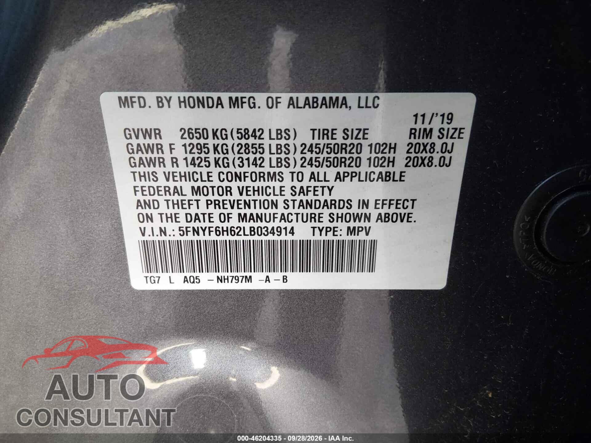 HONDA PILOT 2020 - 5FNYF6H62LB034914