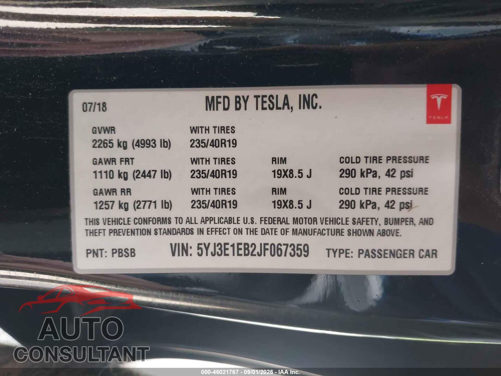TESLA MODEL 3 2018 - 5YJ3E1EB2JF067359