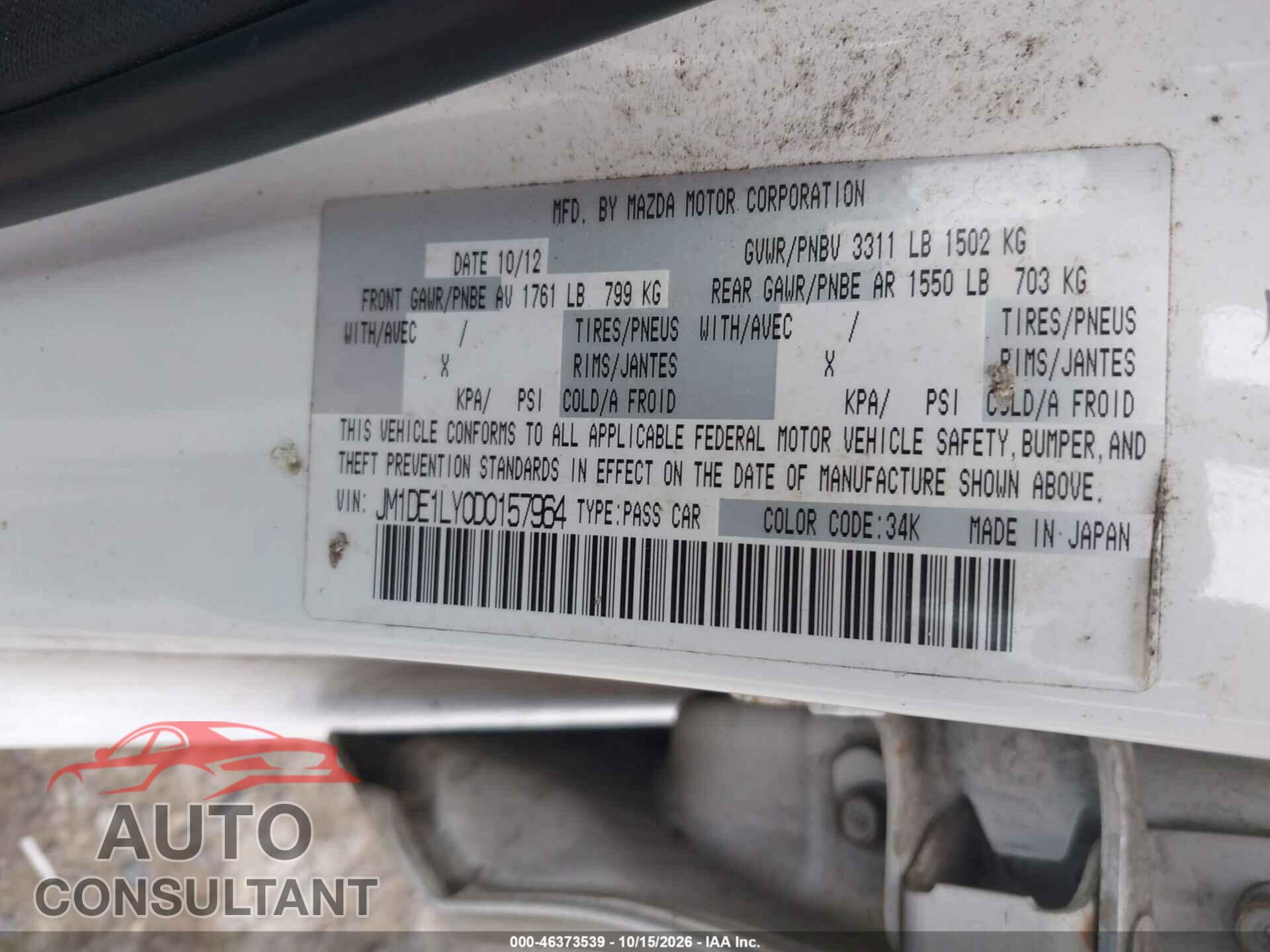 MAZDA MAZDA2 2013 - JM1DE1LY0D0157964