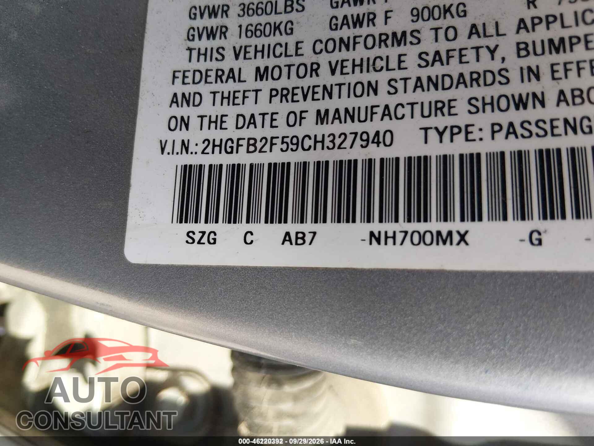 HONDA CIVIC 2012 - 2HGFB2F59CH327940