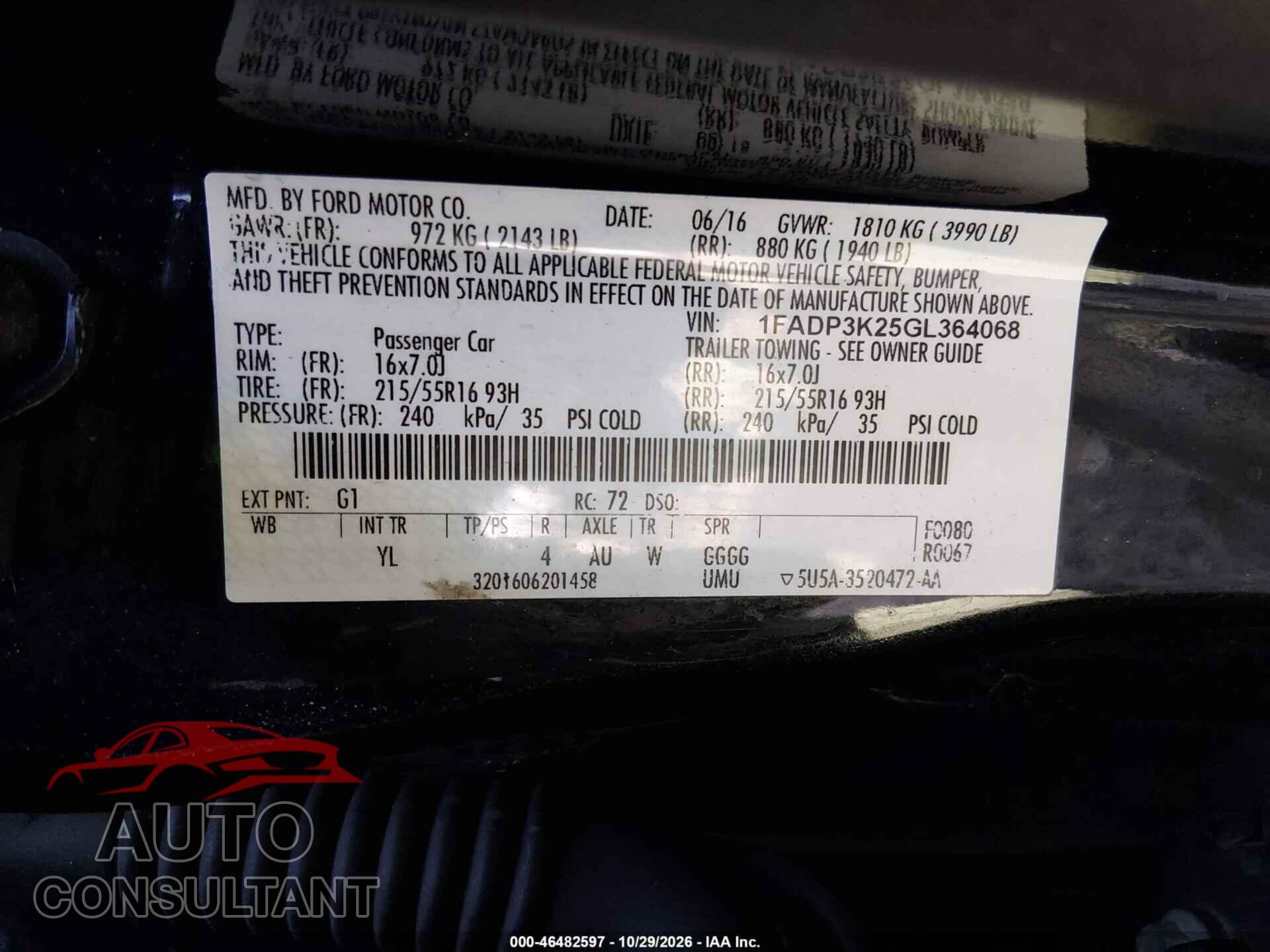 FORD FOCUS 2016 - 1FADP3K25GL364068