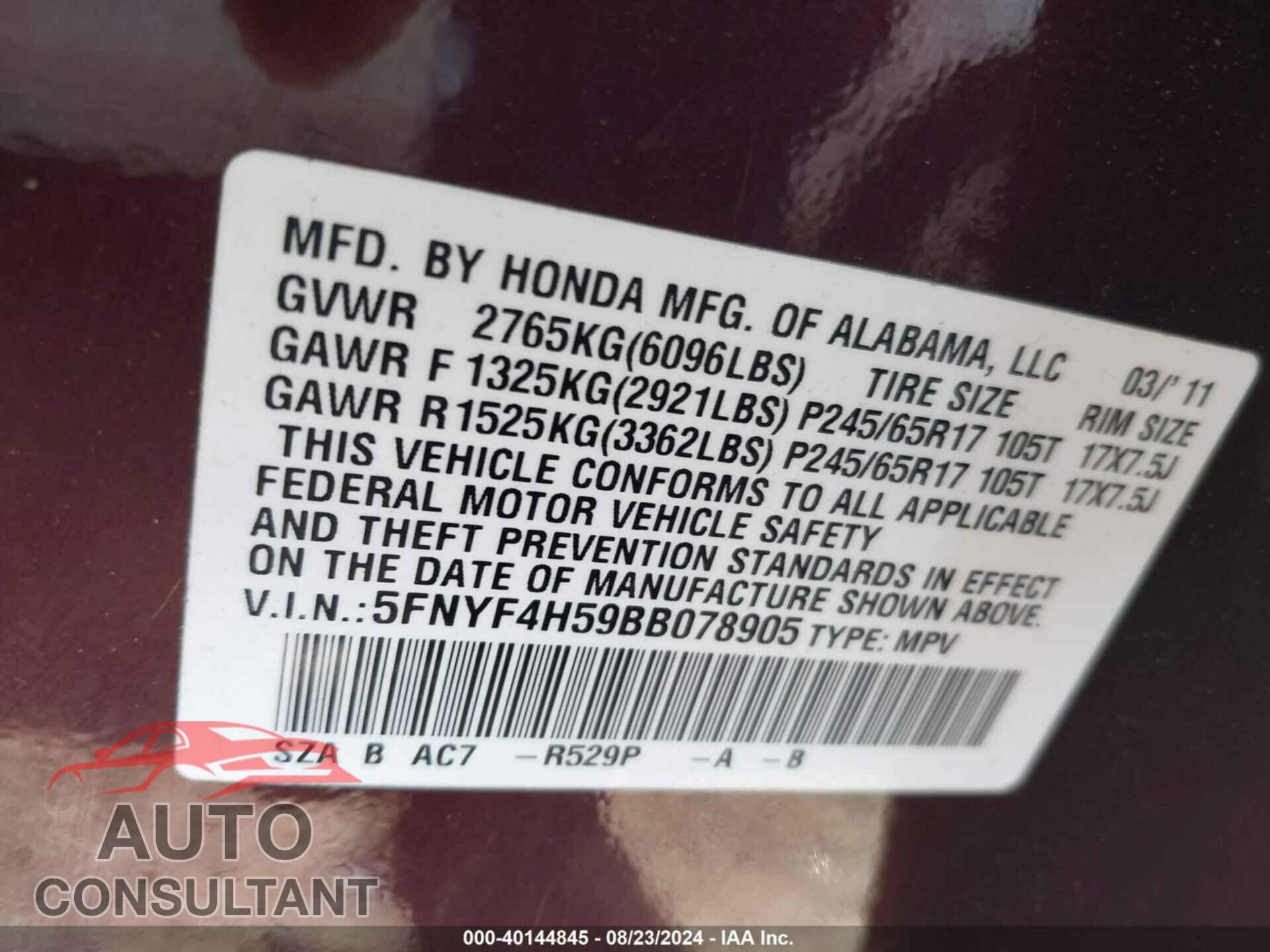 HONDA PILOT 2011 - 5FNYF4H59BB078905