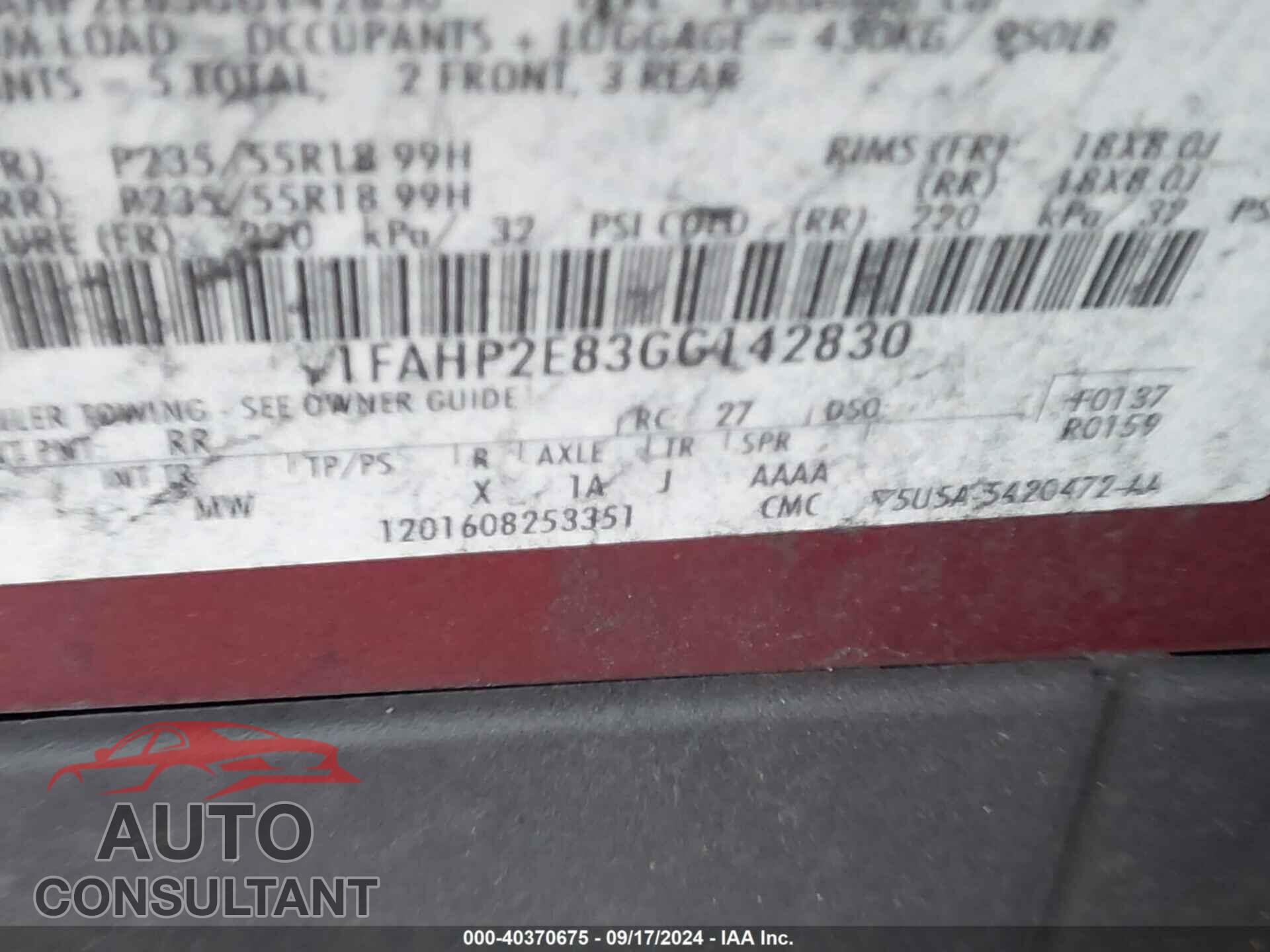 FORD TAURUS 2016 - 1FAHP2E83GG142830