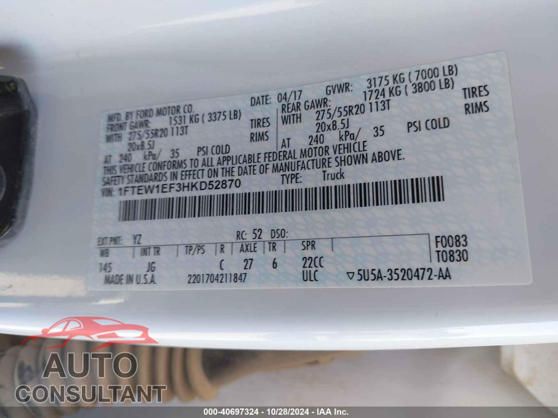 FORD F-150 2017 - 1FTEW1EF3HKD52870