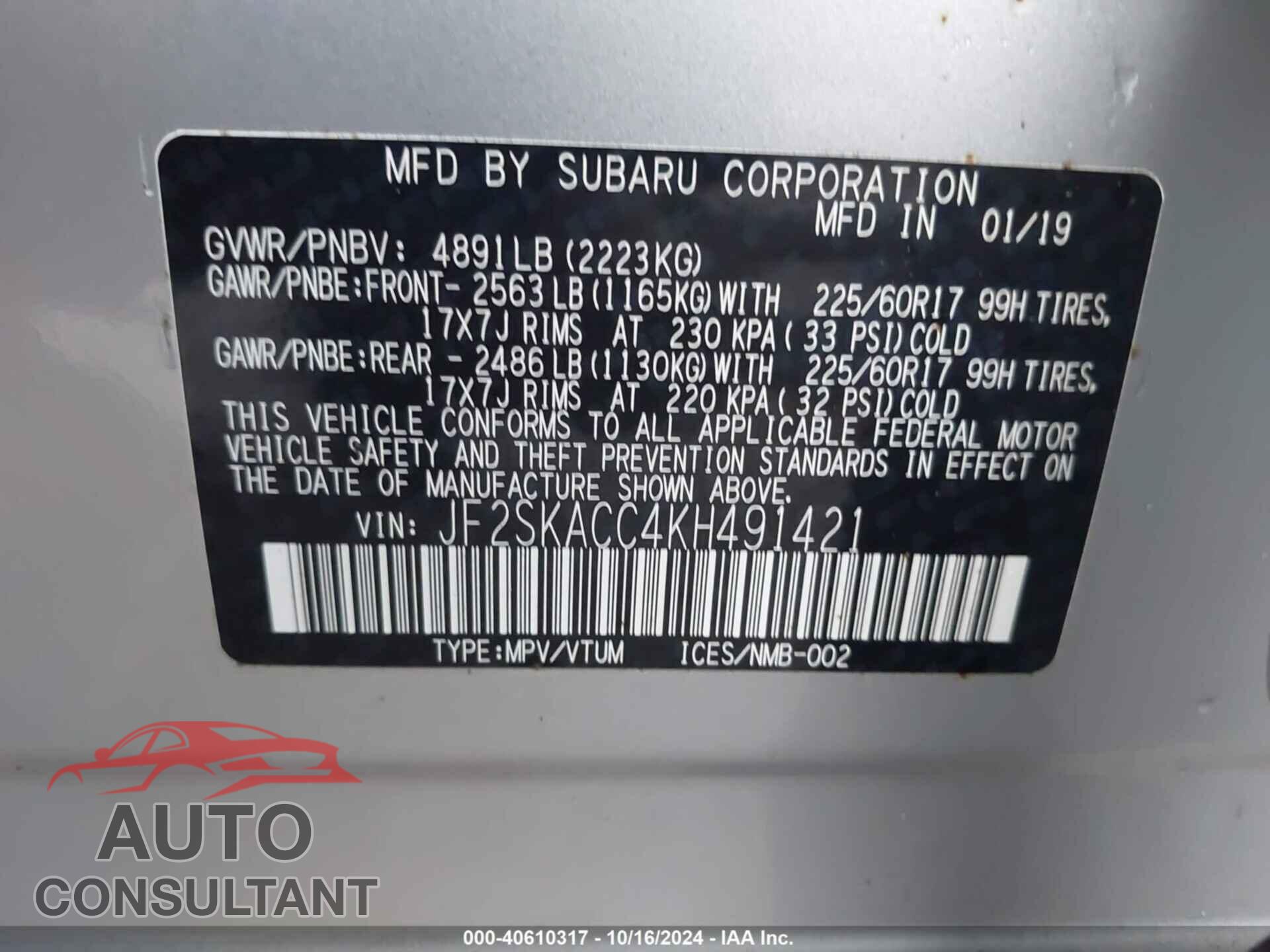 SUBARU FORESTER 2019 - JF2SKACC4KH491421