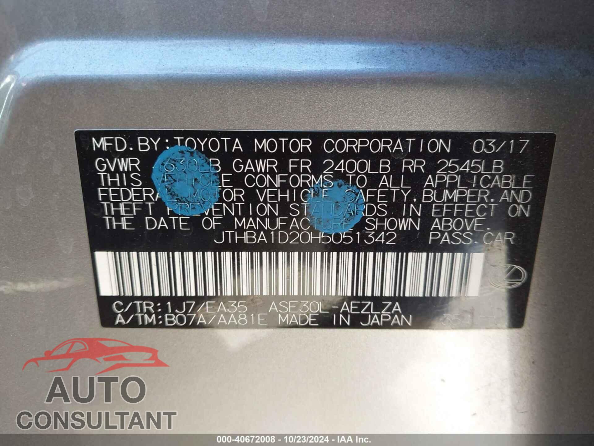 LEXUS IS 200T 2017 - JTHBA1D20H5051342