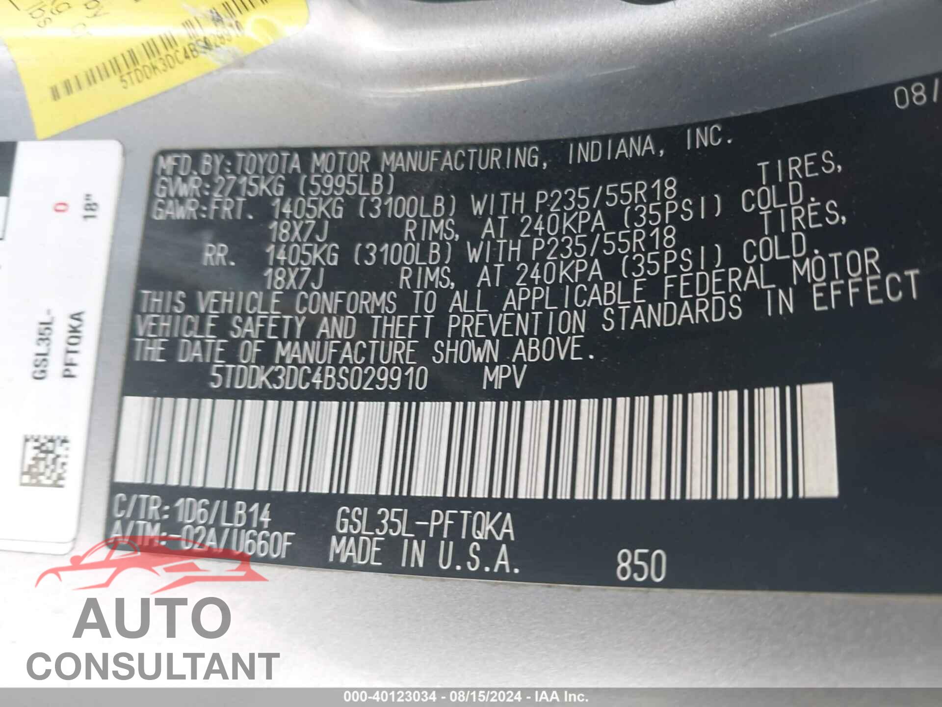 TOYOTA SIENNA 2011 - 5TDDK3DC4BS029910