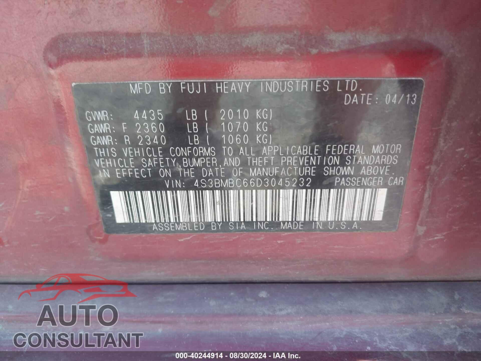SUBARU LEGACY 2013 - 4S3BMBC66D3045232