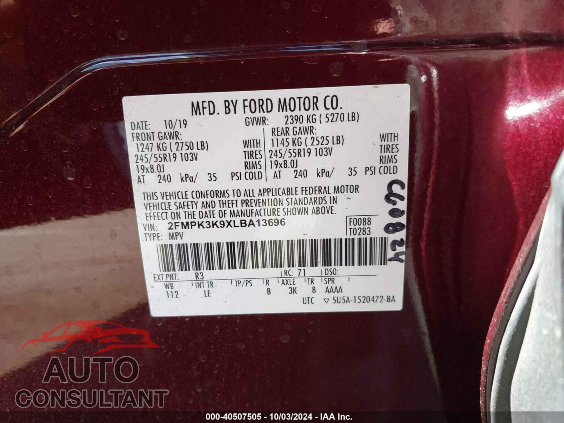 FORD EDGE 2020 - 2FMPK3K9XLBA13696