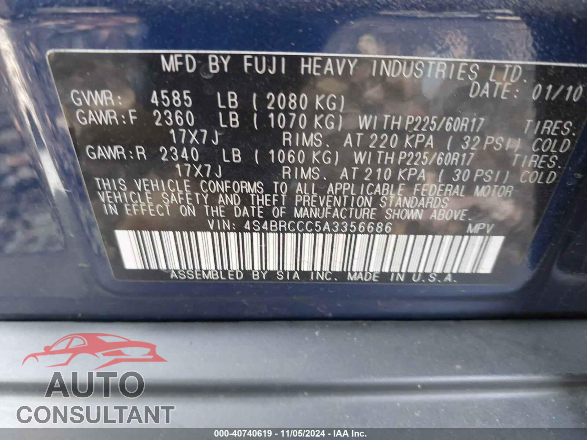 SUBARU OUTBACK 2010 - 4S4BRCCC5A3356686