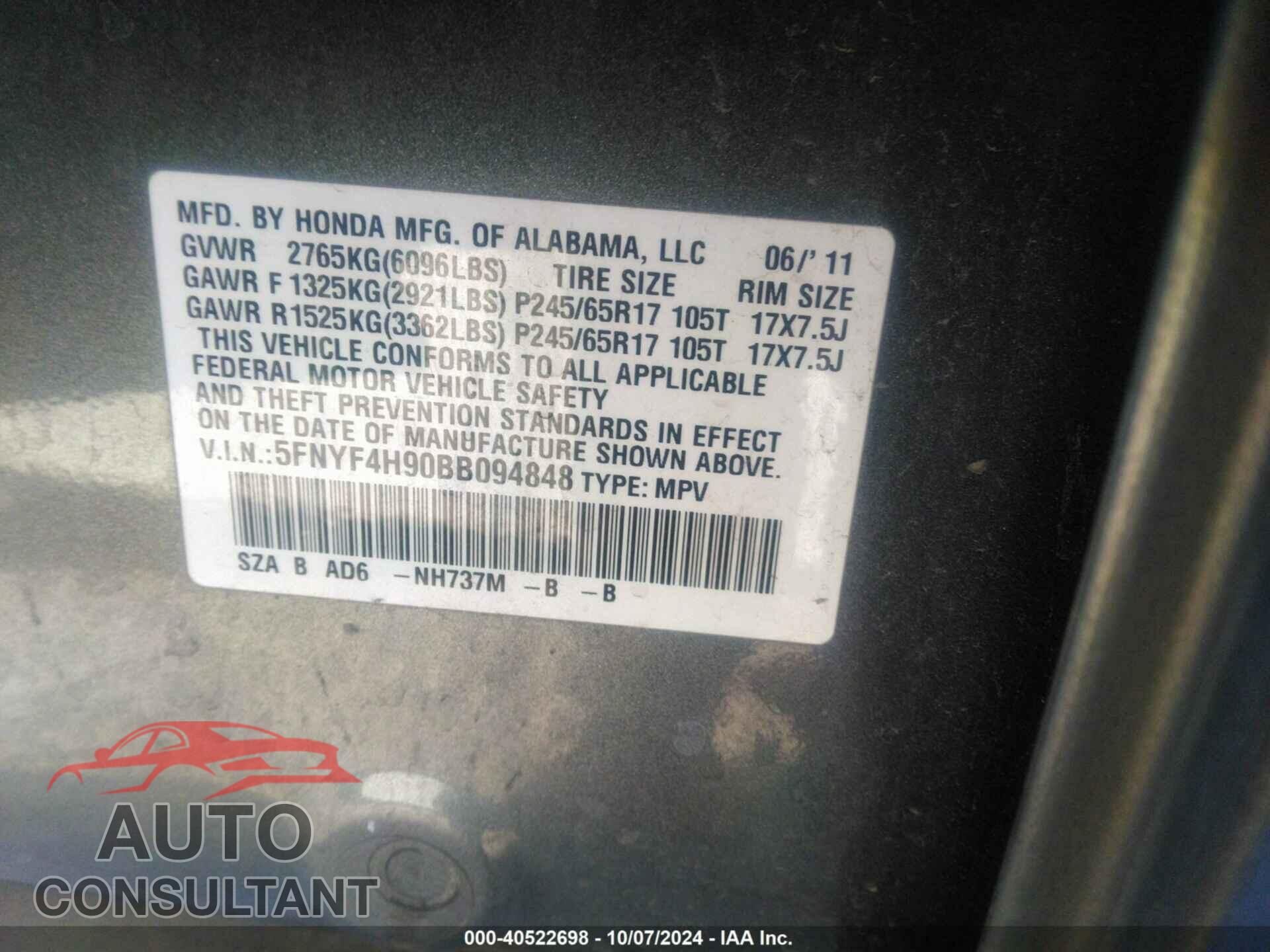HONDA PILOT 2011 - 5FNYF4H90BB094848