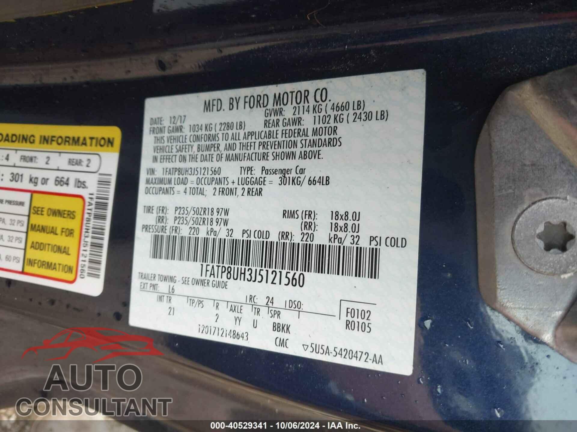 FORD MUSTANG 2018 - 1FATP8UH3J5121560