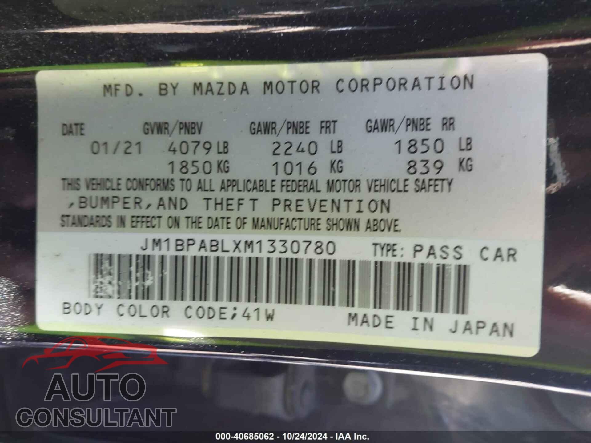 MAZDA MAZDA3 2021 - JM1BPABLXM1330780