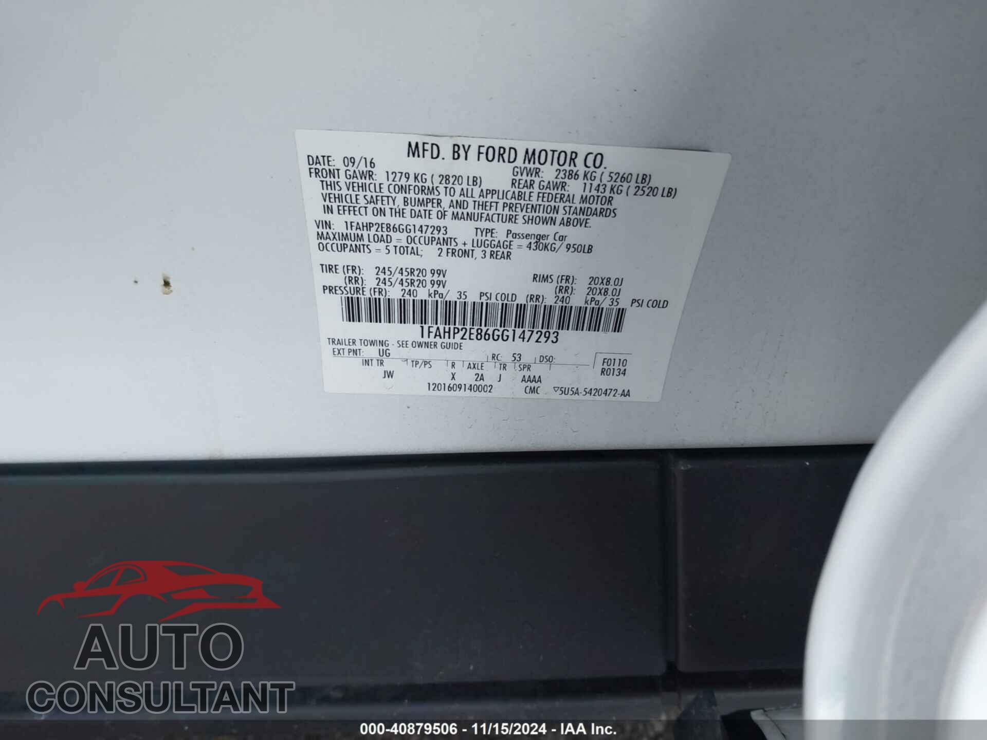 FORD TAURUS 2016 - 1FAHP2E86GG147293