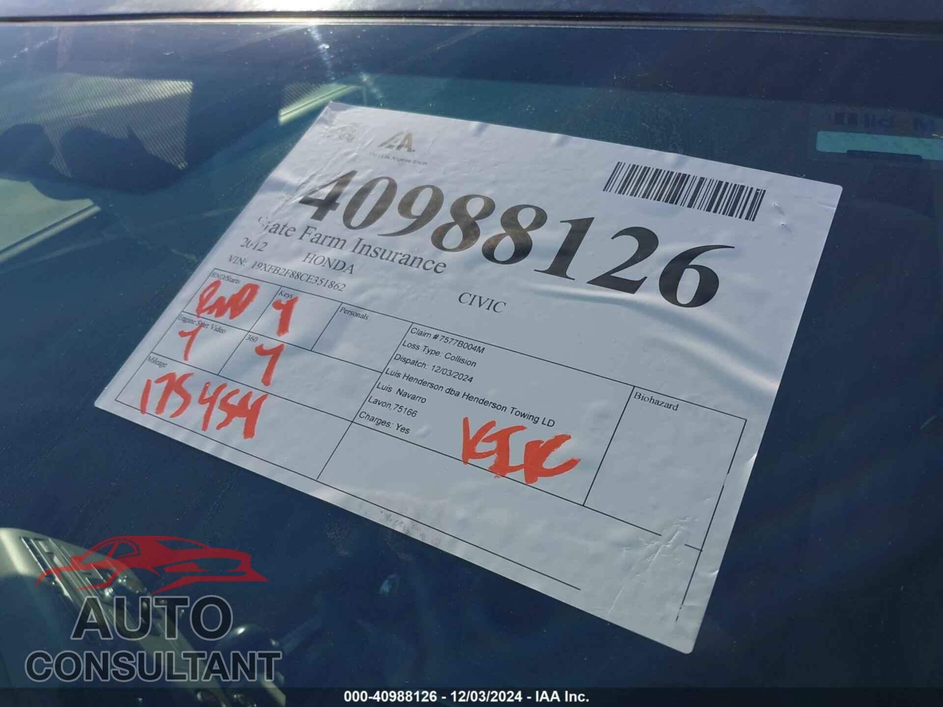 HONDA CIVIC 2012 - 19XFB2F88CE351862