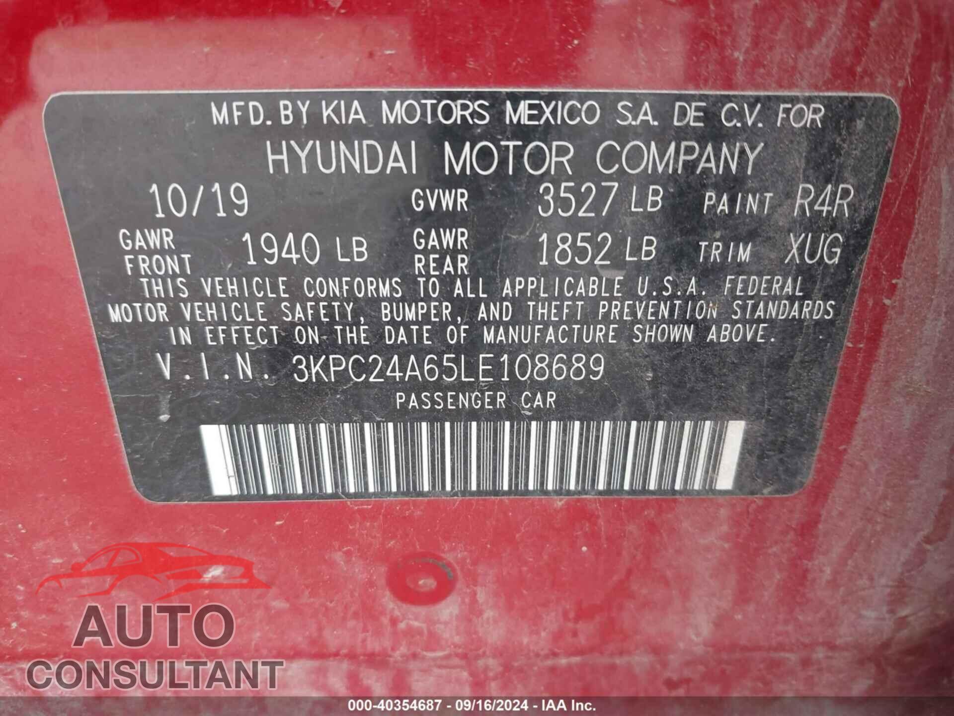 HYUNDAI ACCENT 2020 - 3KPC24A65LE108689