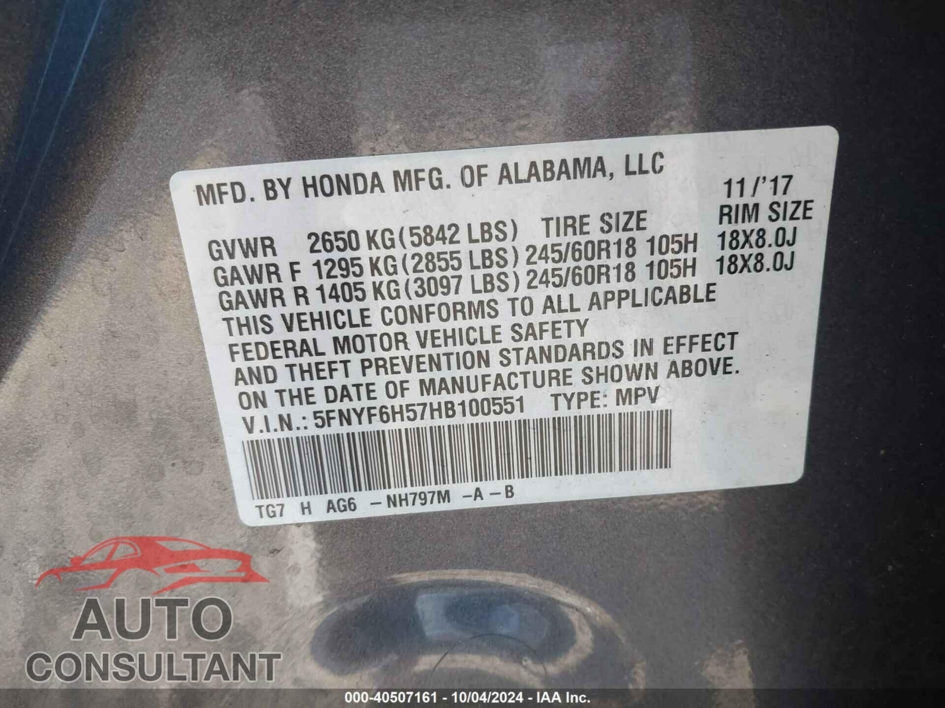 HONDA PILOT 2017 - 5FNYF6H57HB100551