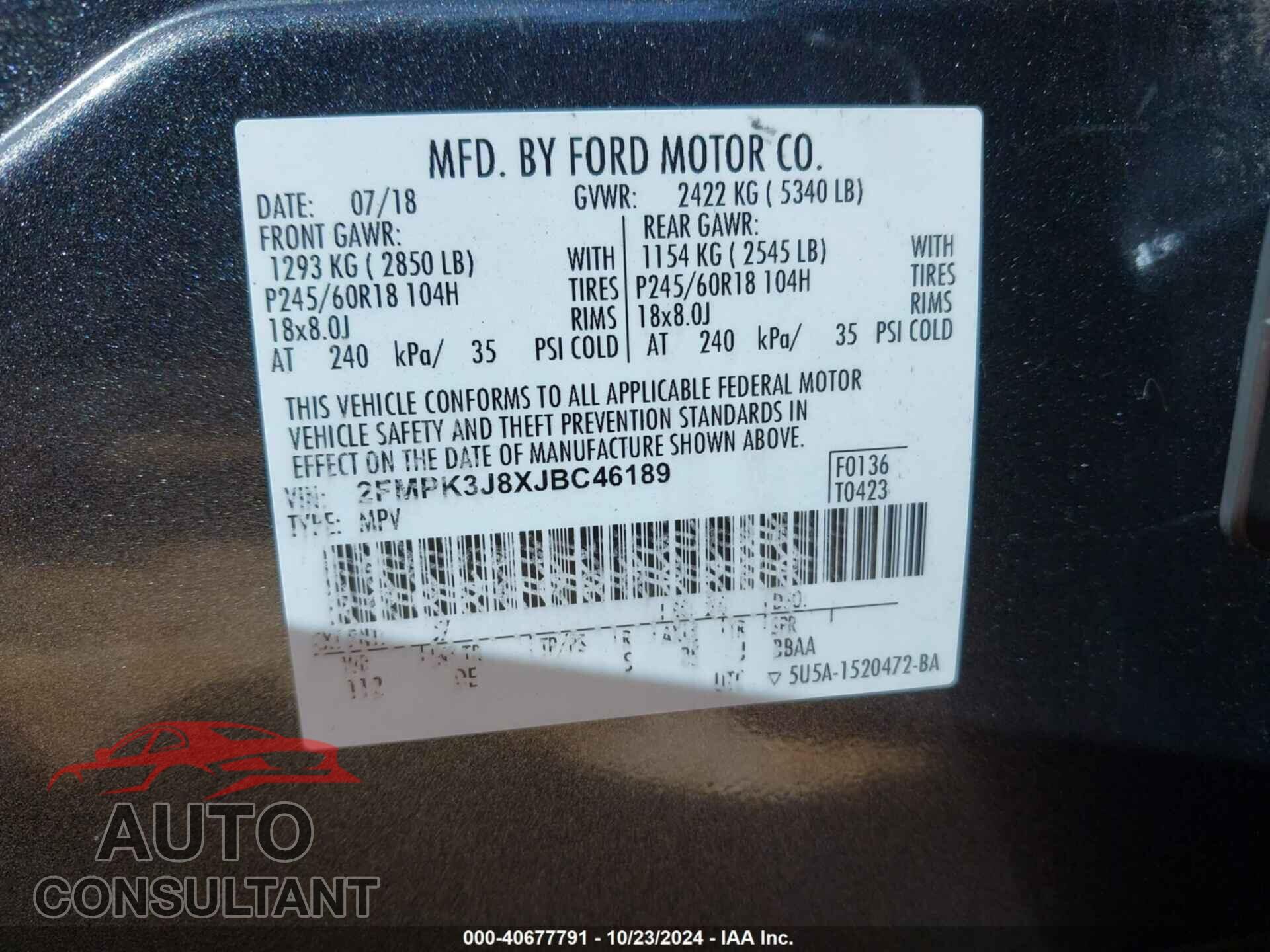 FORD EDGE 2018 - 2FMPK3J8XJBC46189