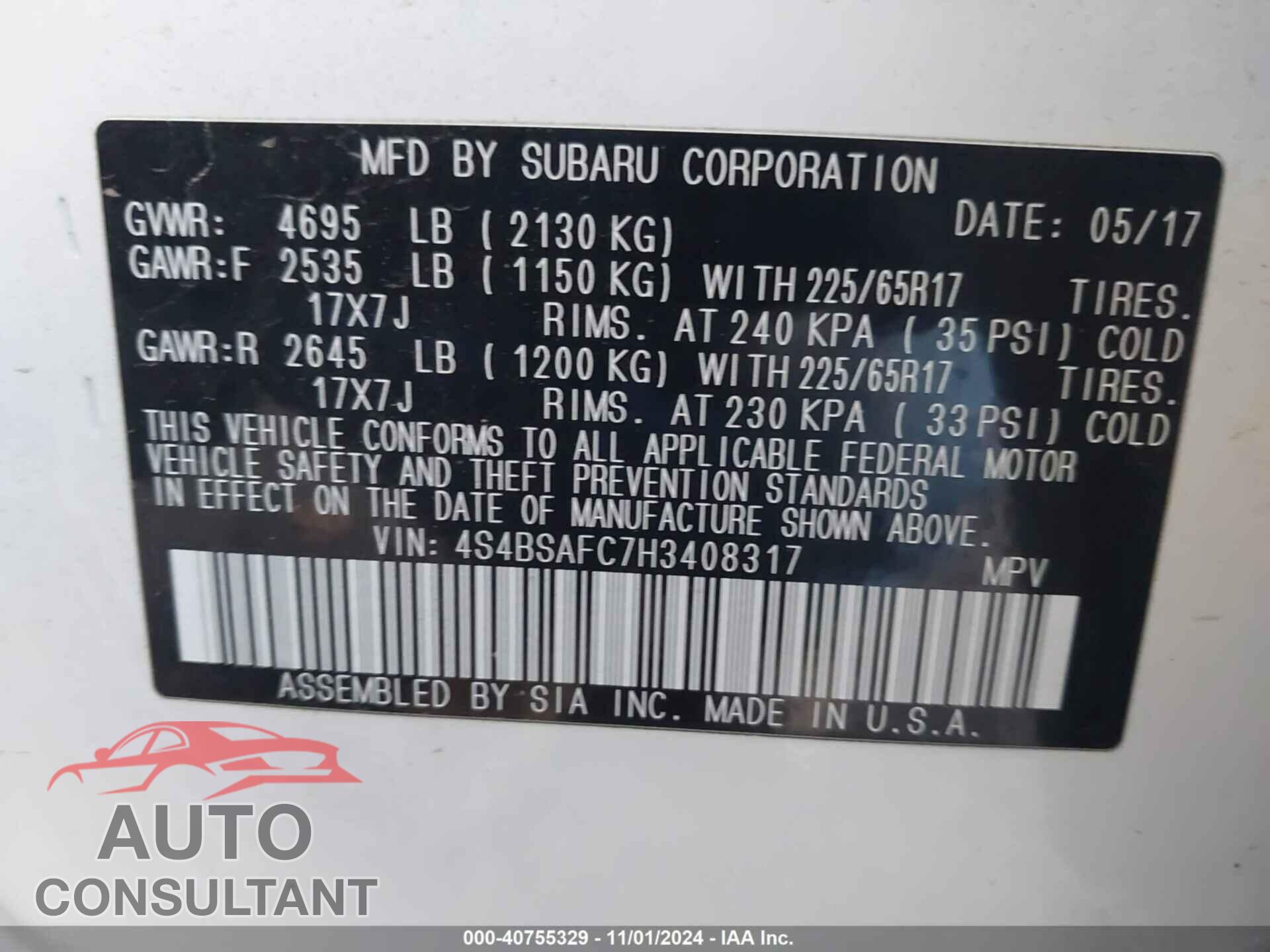 SUBARU OUTBACK 2017 - 4S4BSAFC7H3408317