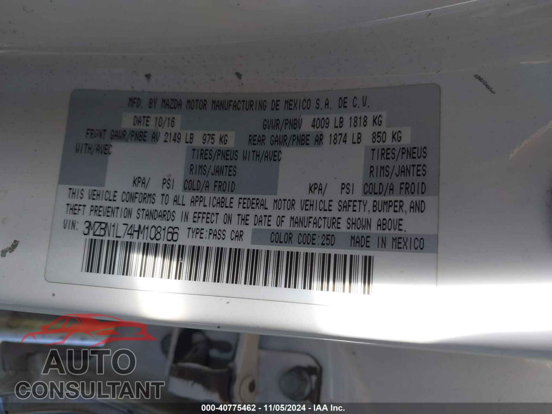 MAZDA MAZDA3 2017 - 3MZBN1L74HM108166