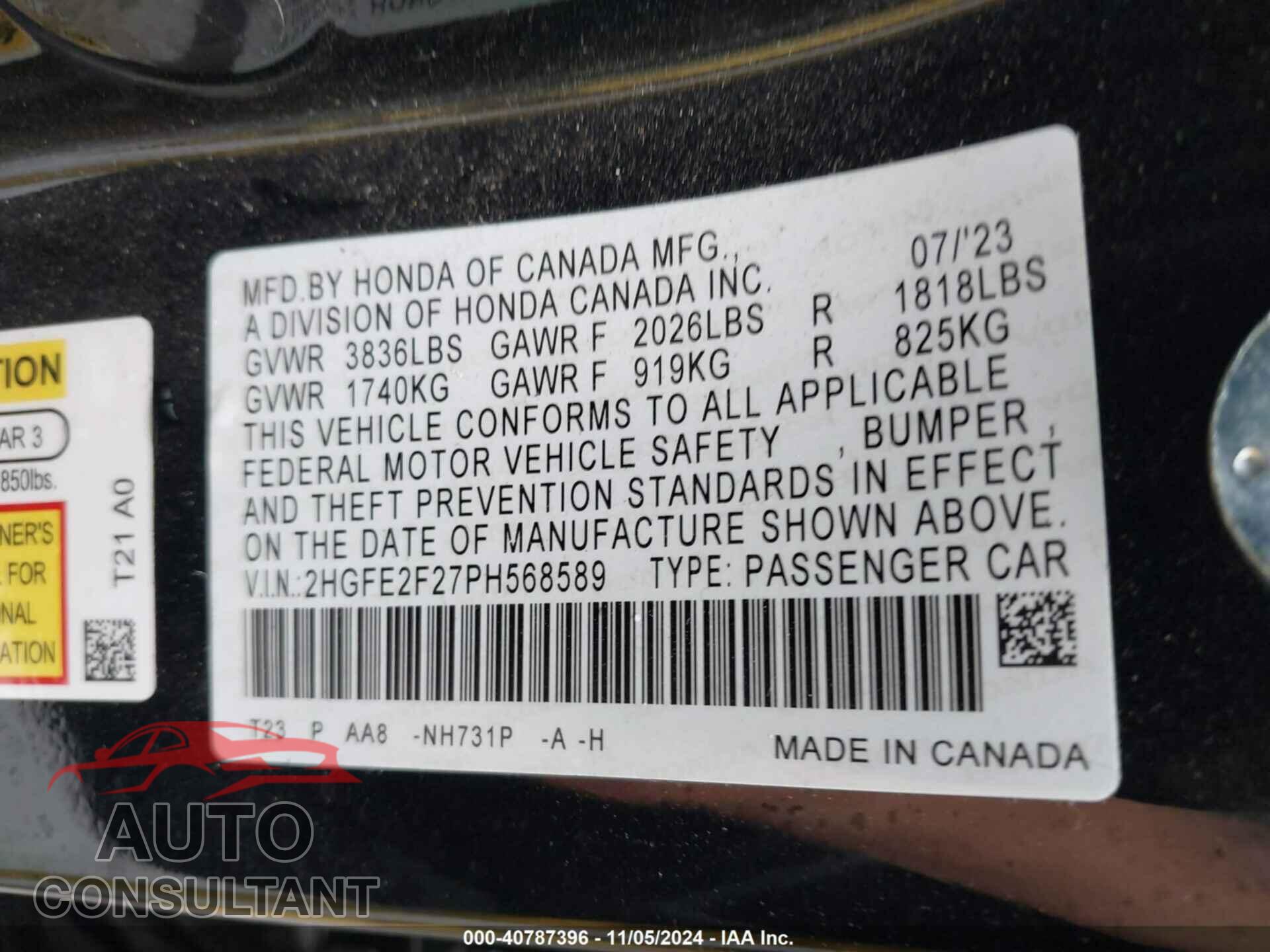 HONDA CIVIC 2023 - 2HGFE2F27PH568589