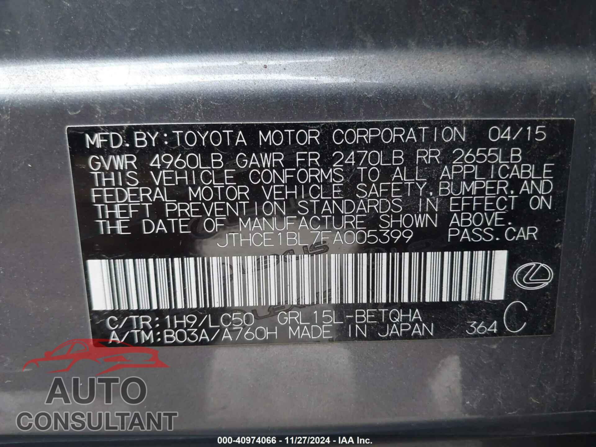 LEXUS GS 350 2015 - JTHCE1BL7FA005399