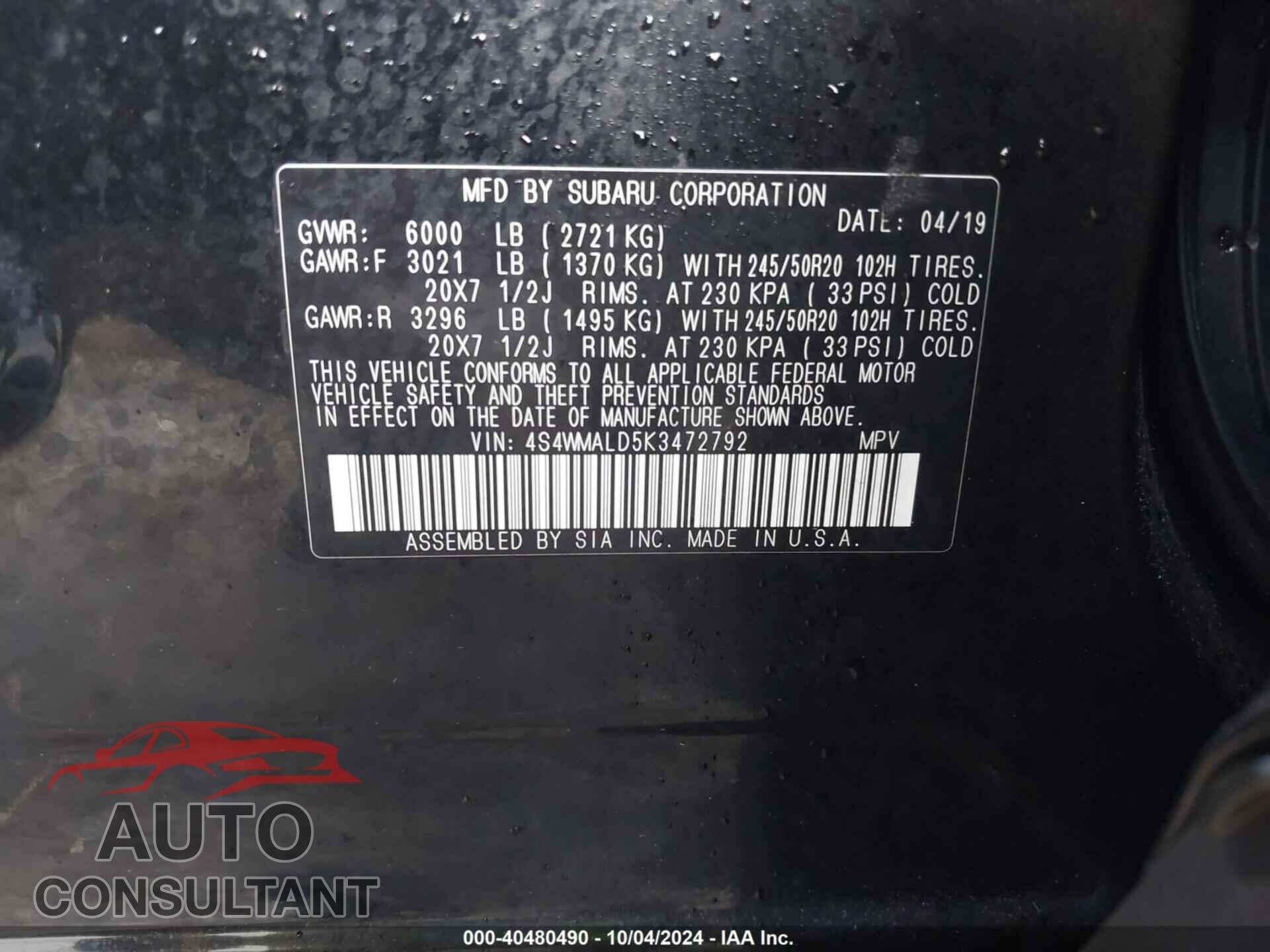 SUBARU ASCENT 2019 - 4S4WMALD5K3472792