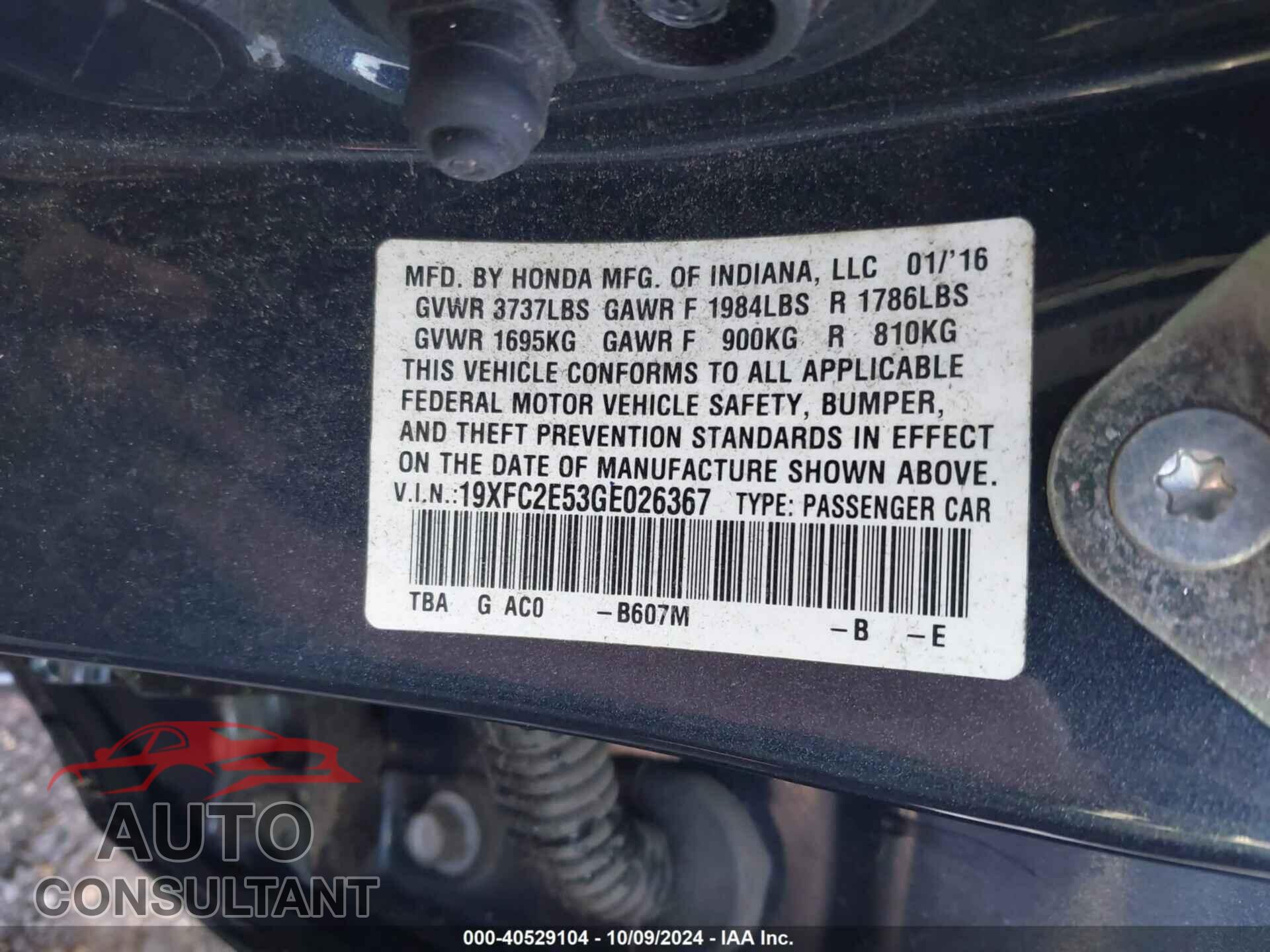 HONDA CIVIC 2016 - 19XFC2E53GE026367