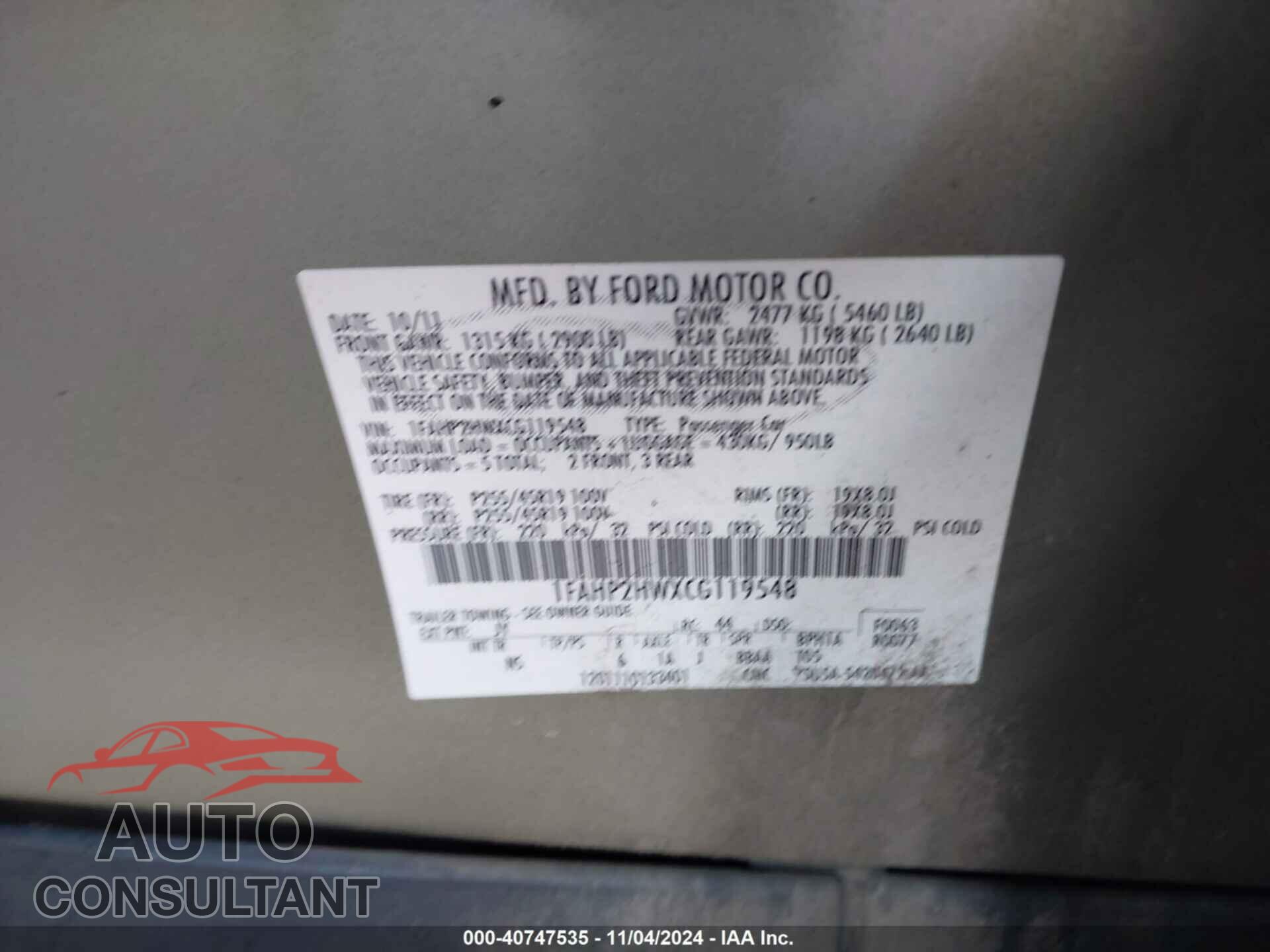 FORD TAURUS 2012 - 1FAHP2HWXCG119548