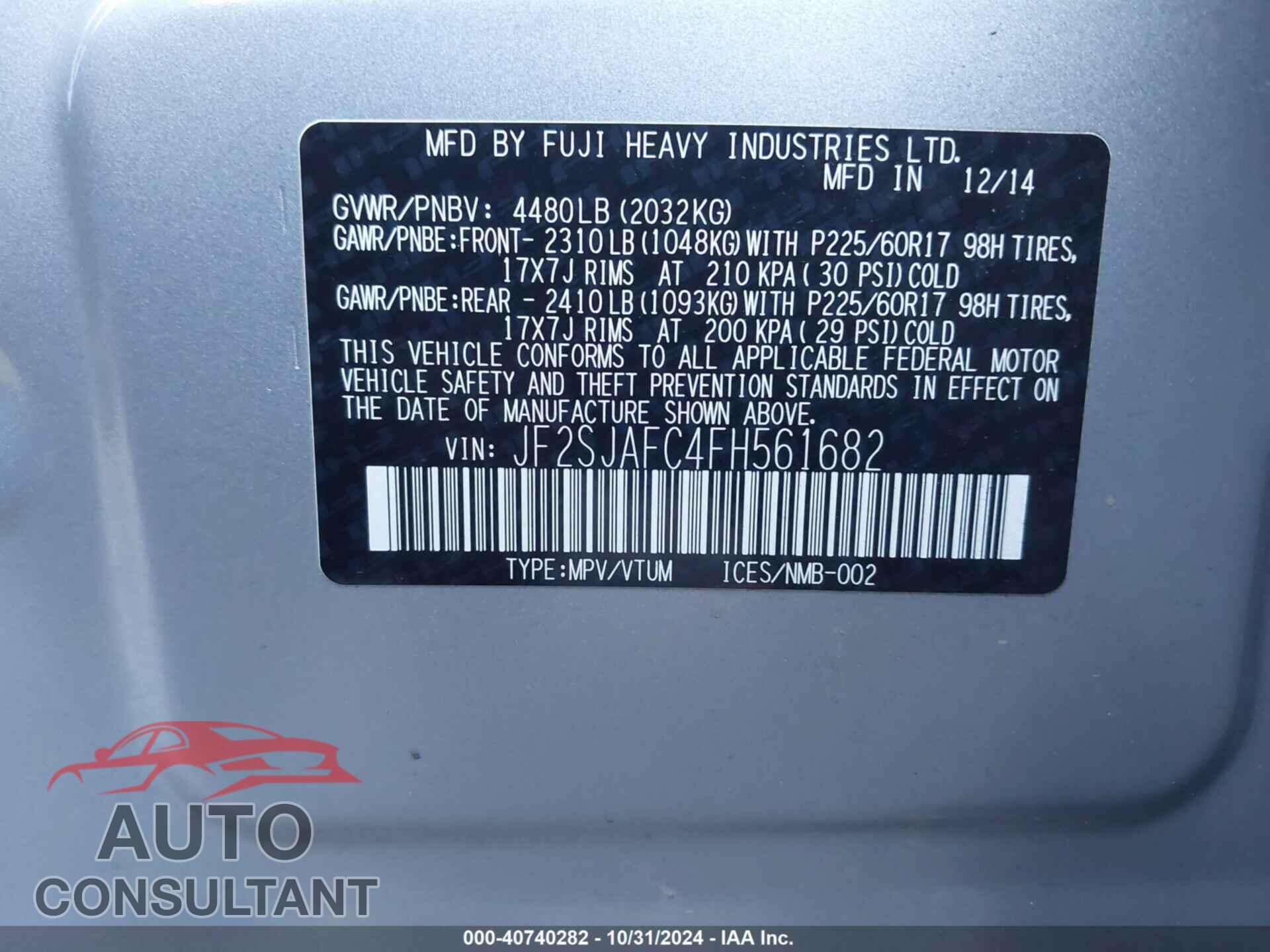 SUBARU FORESTER 2015 - JF2SJAFC4FH561682