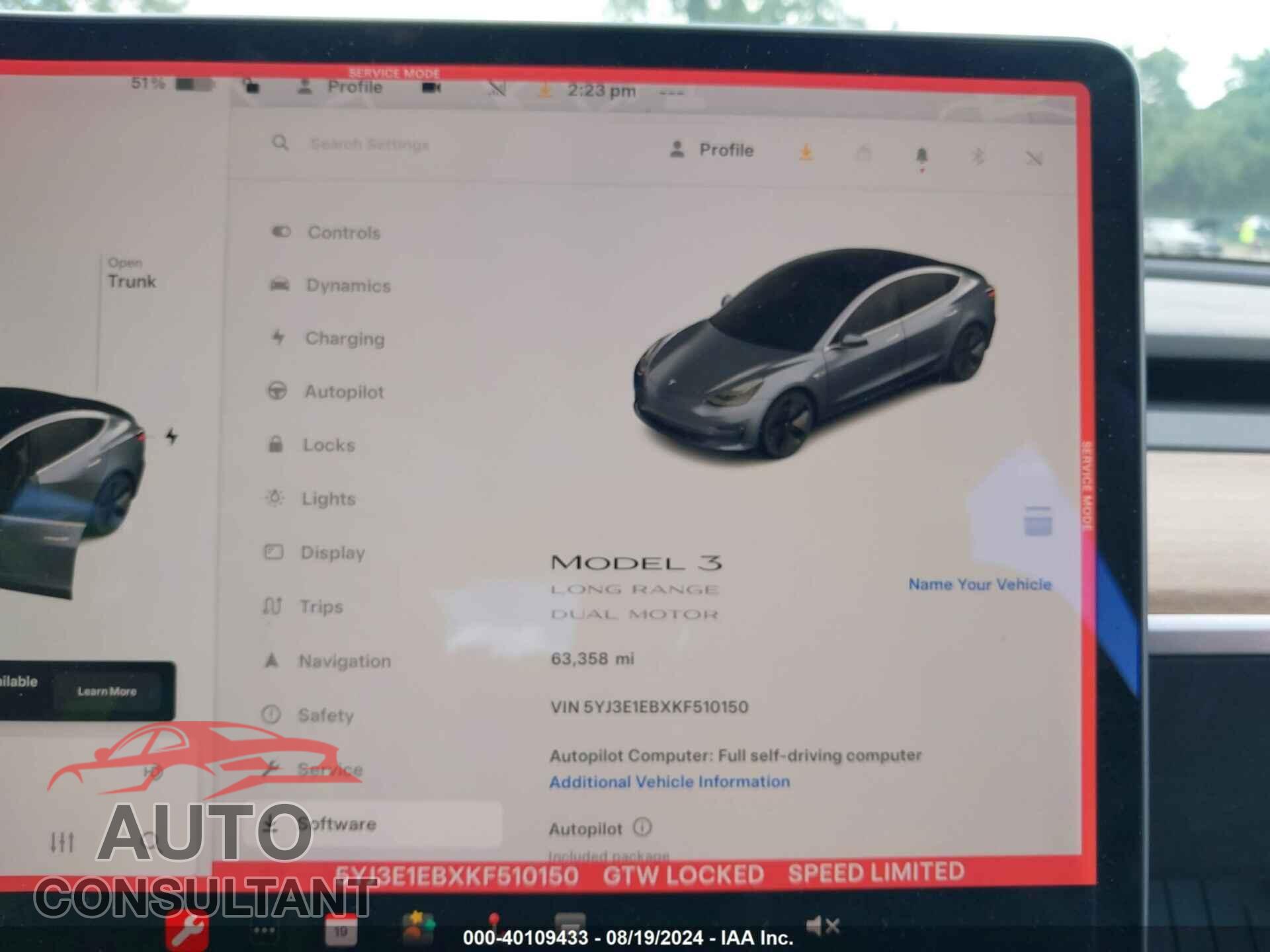TESLA MODEL 3 2019 - 5YJ3E1EBXKF510150