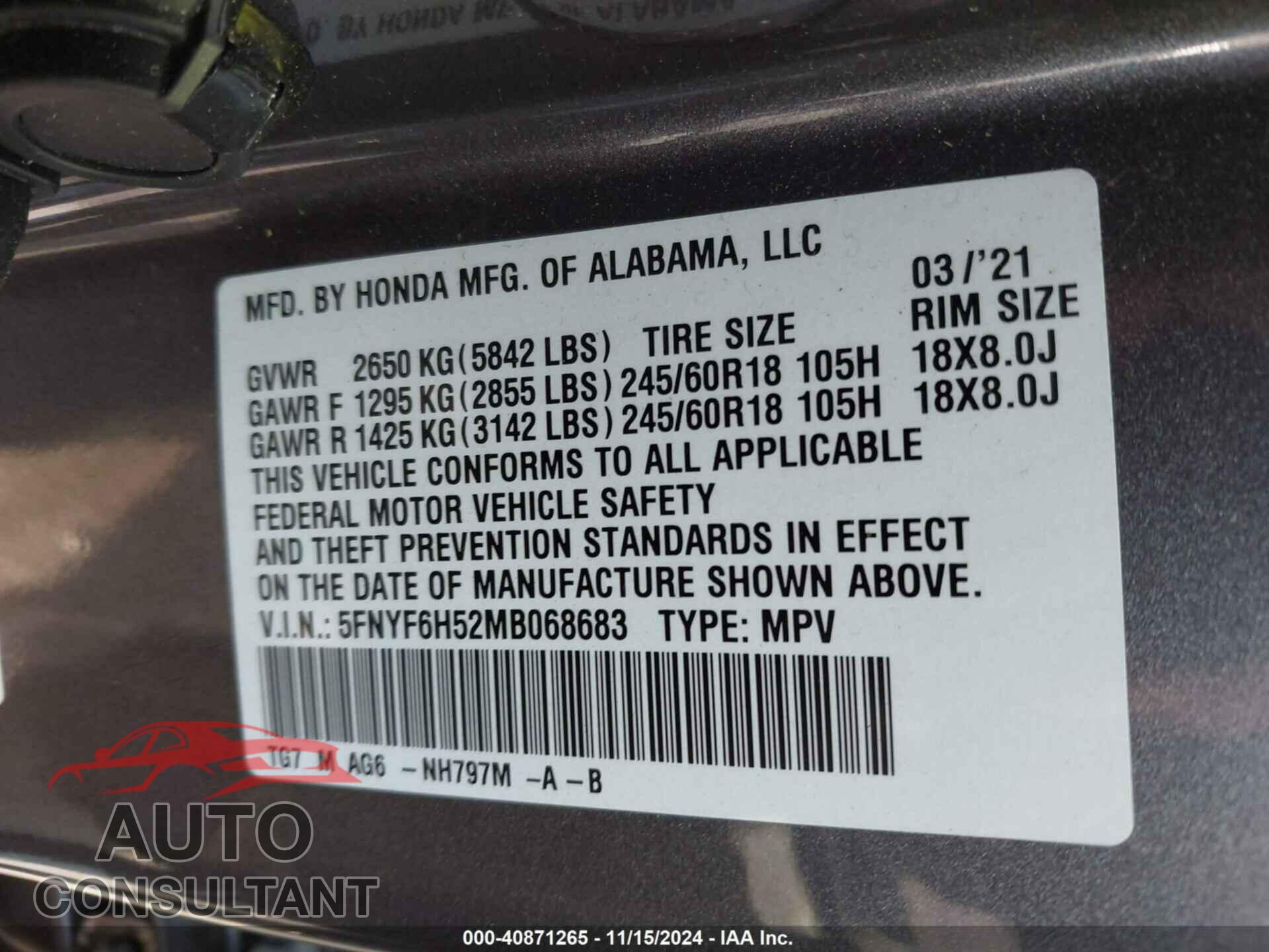 HONDA PILOT 2021 - 5FNYF6H52MB068683