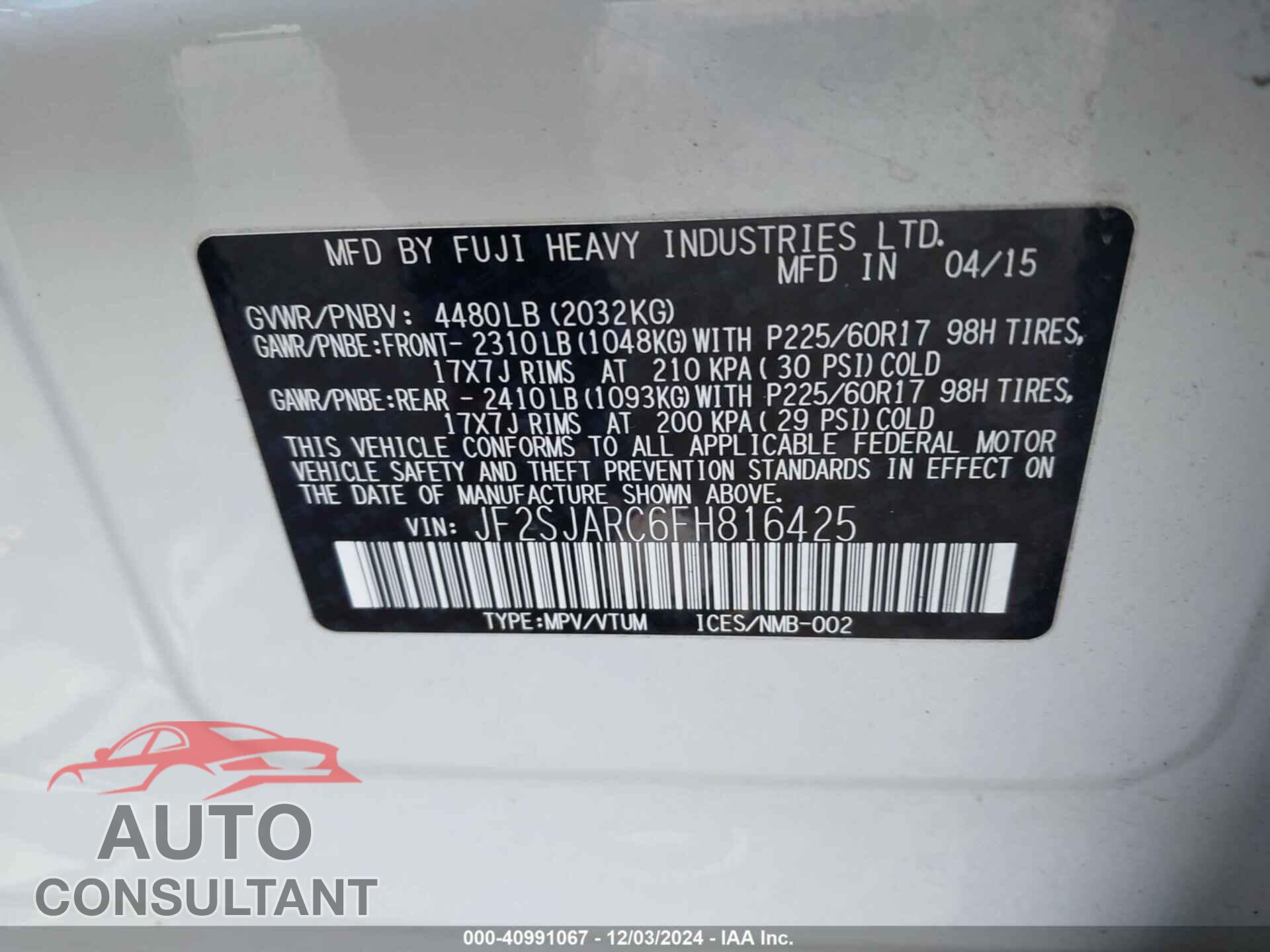 SUBARU FORESTER 2015 - JF2SJARC6FH816425