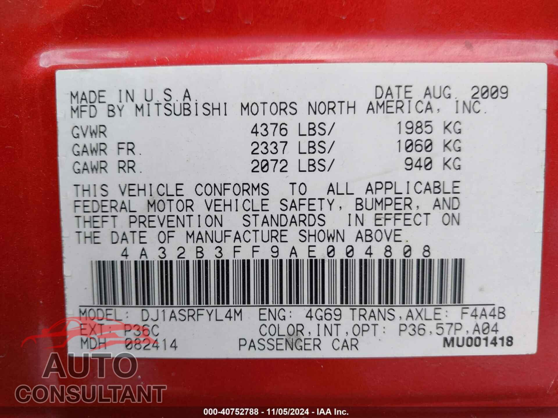 MITSUBISHI GALANT 2010 - 4A32B3FF9AE004808
