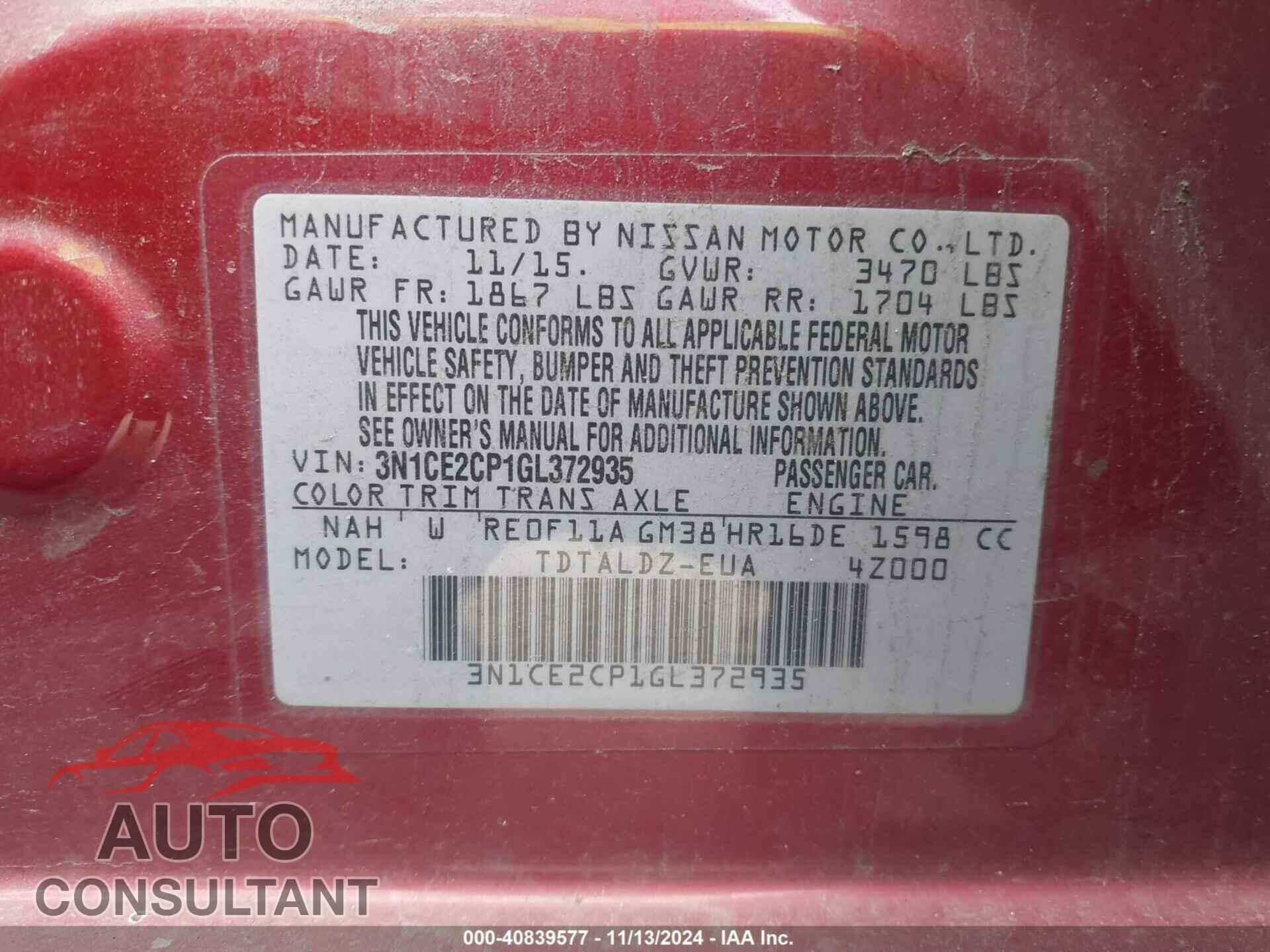 NISSAN VERSA NOTE 2016 - 3N1CE2CP1GL372935