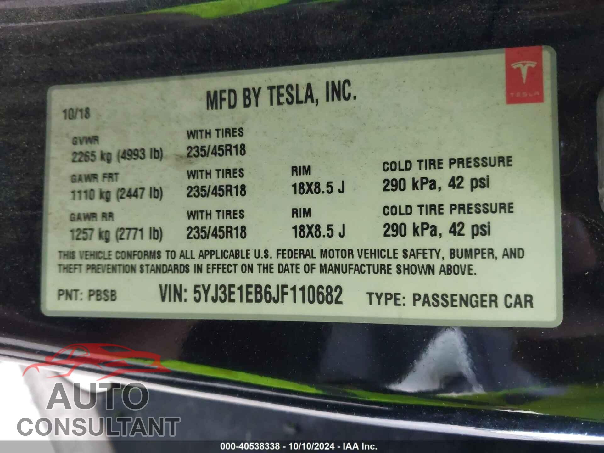 TESLA MODEL 3 2018 - 5YJ3E1EB6JF110682