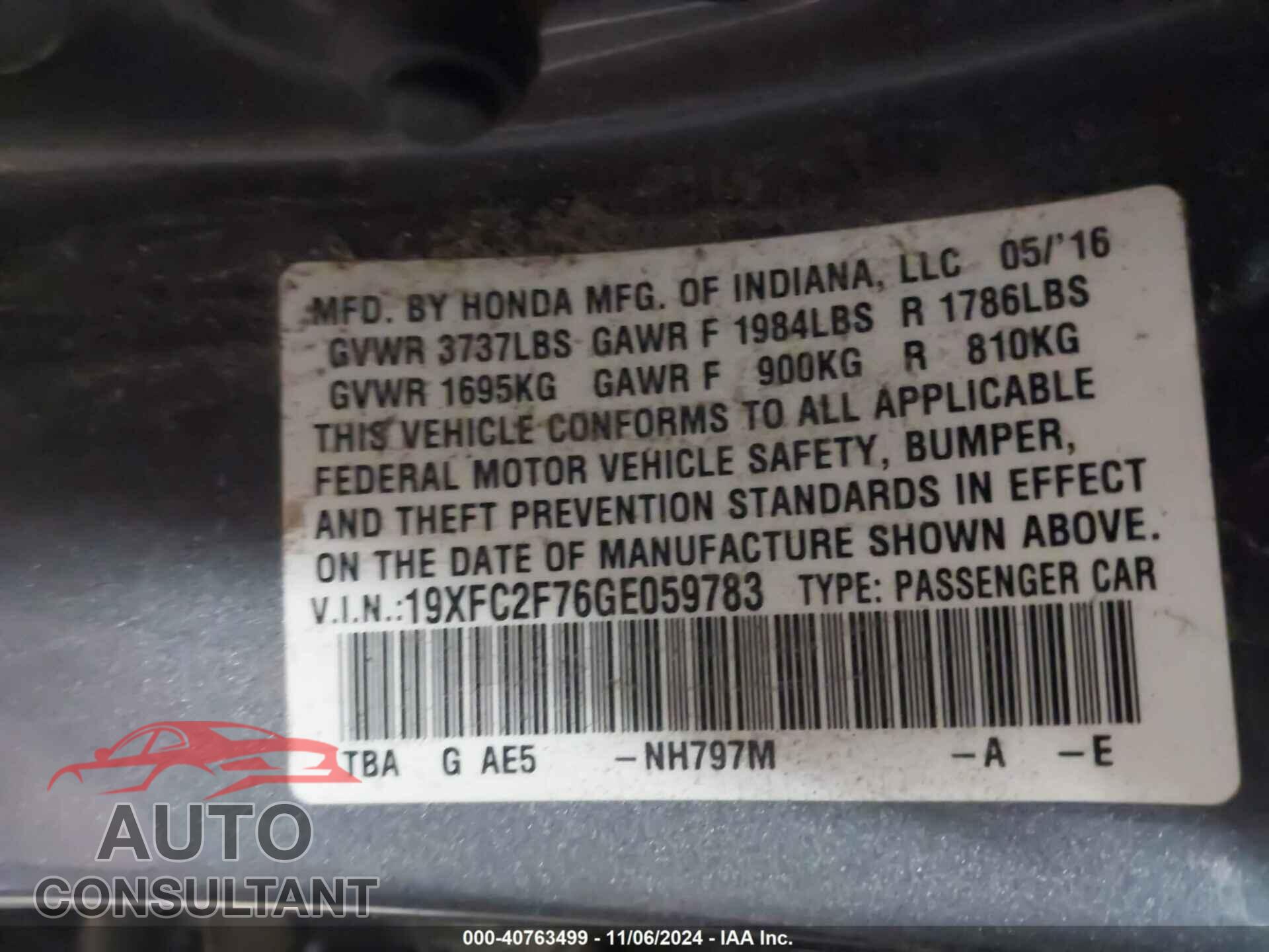 HONDA CIVIC 2016 - 19XFC2F76GE059783