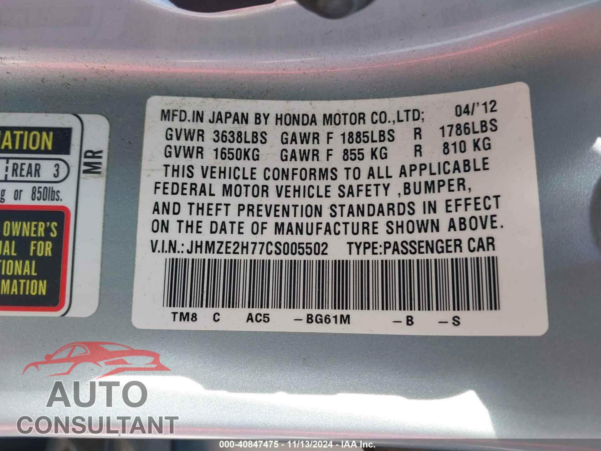 HONDA INSIGHT 2012 - JHMZE2H77CS005502