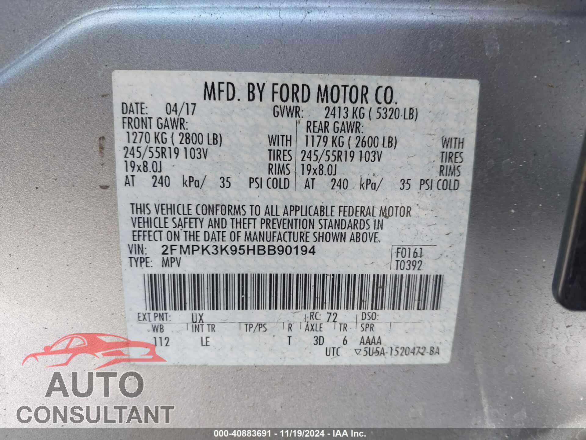 FORD EDGE 2017 - 2FMPK3K95HBB90194