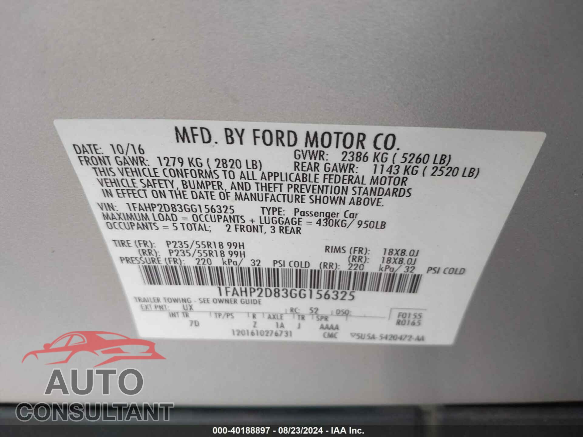 FORD TAURUS 2016 - 1FAHP2D83GG156325
