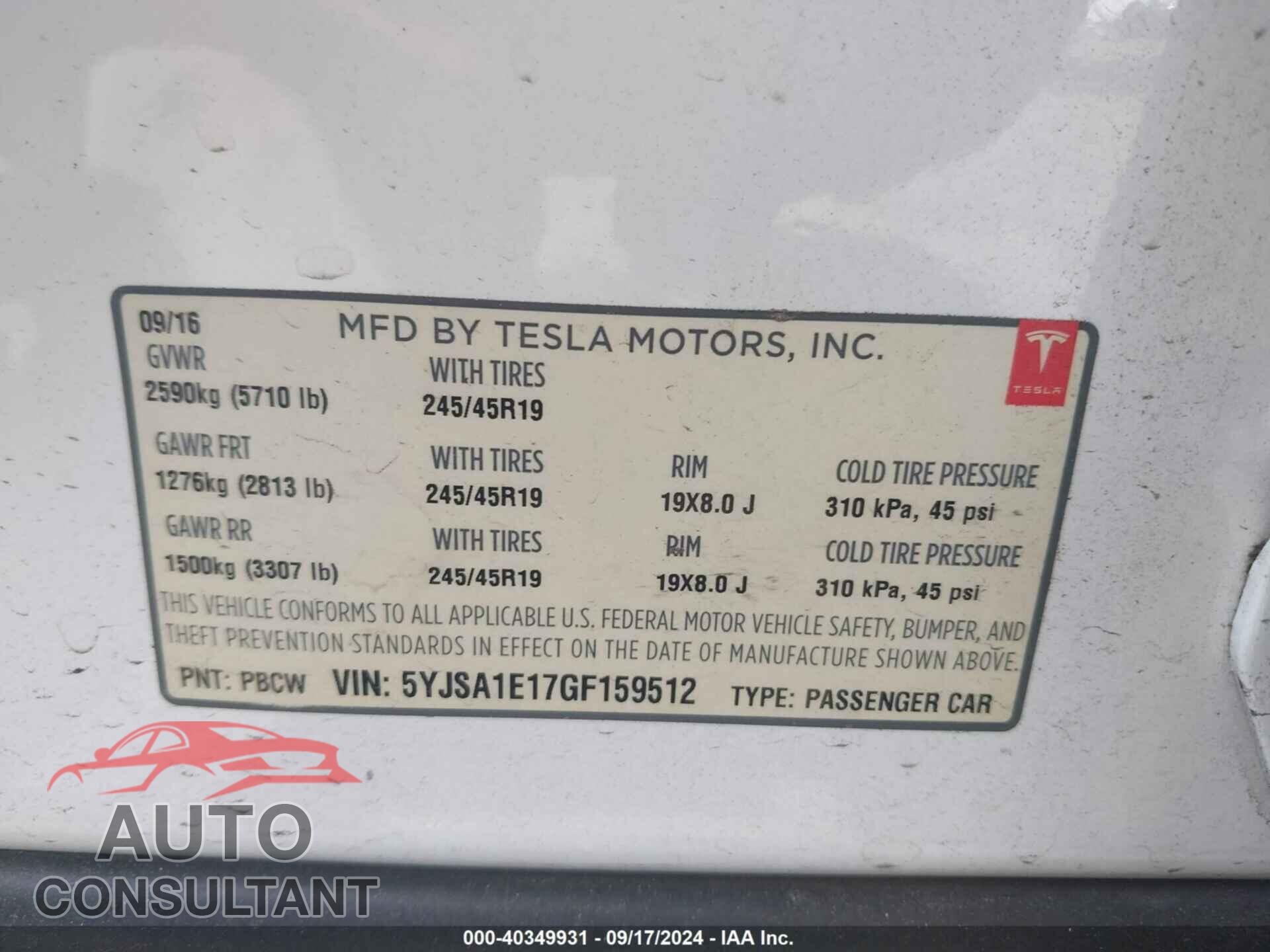 TESLA MODEL S 2016 - 5YJSA1E17GF159512