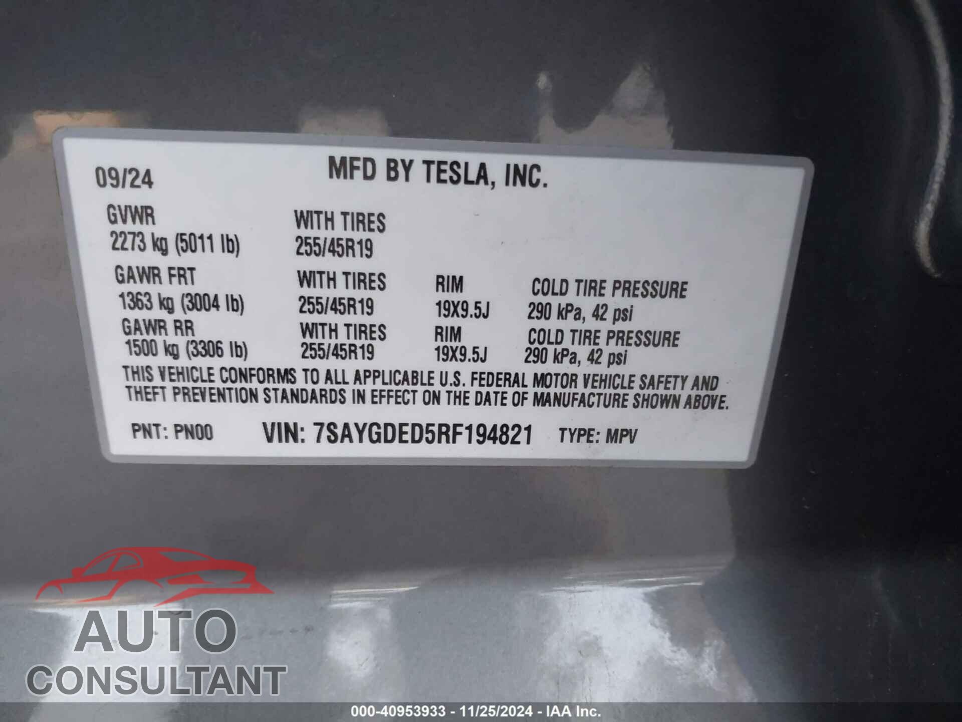 TESLA MODEL Y 2024 - 7SAYGDED5RF194821