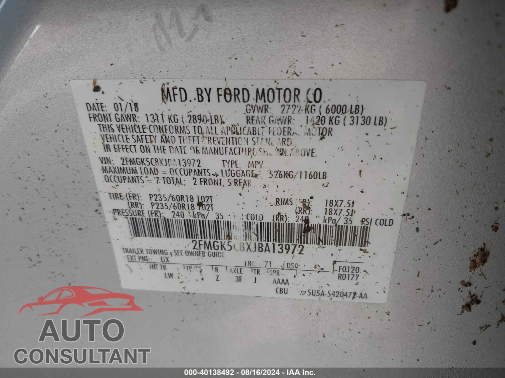 FORD FLEX 2018 - 2FMGK5C8XJBA13972
