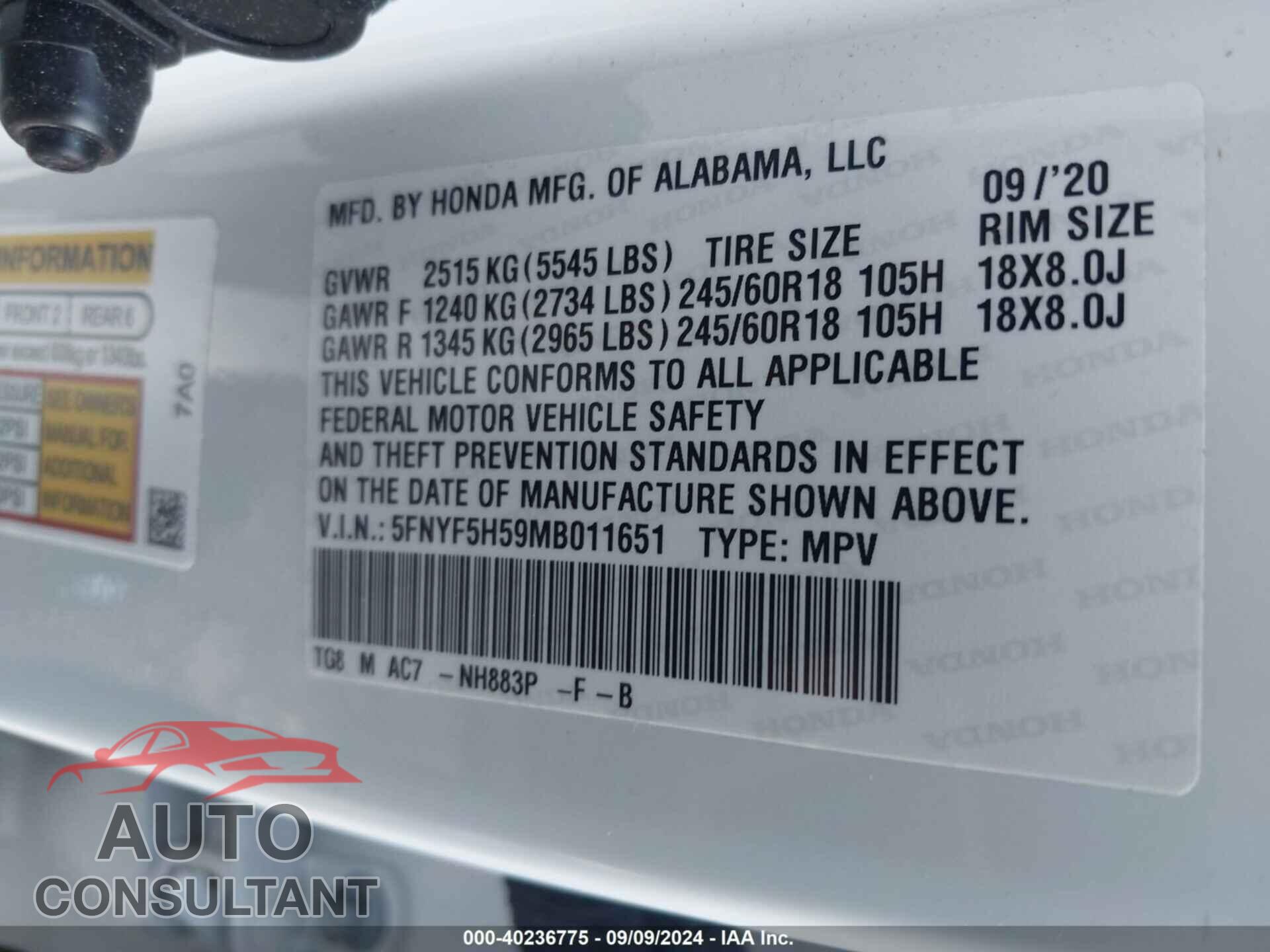 HONDA PILOT 2021 - 5FNYF5H59MB011651
