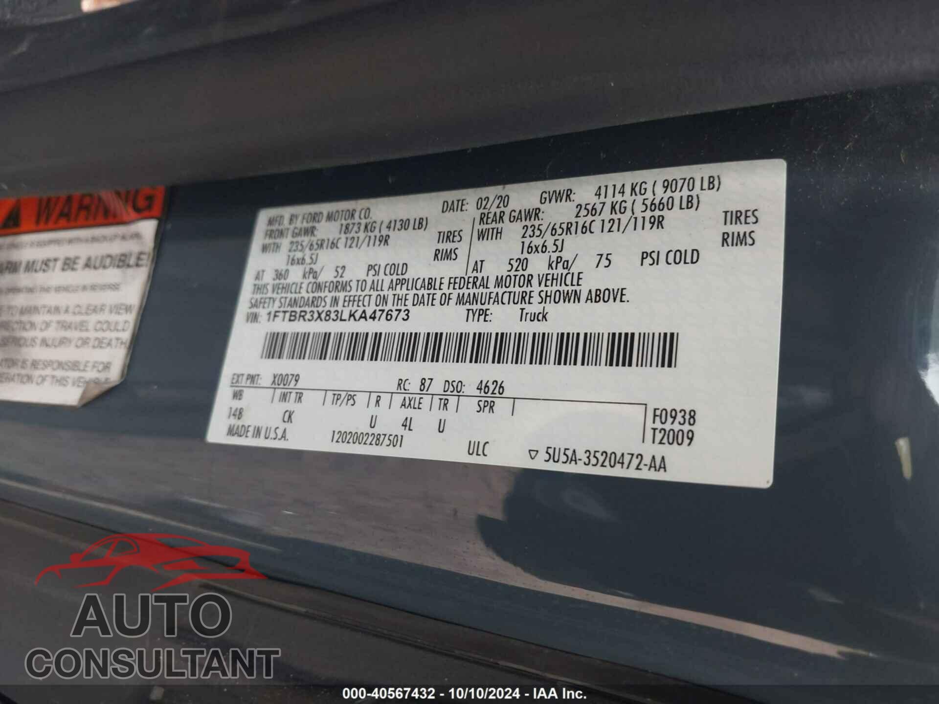 FORD TRANSIT-250 CARGO VAN 2020 - 1FTBR3X83LKA47673