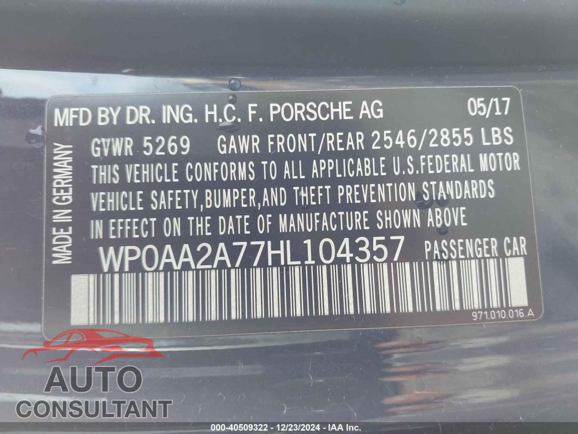 PORSCHE PANAMERA 2017 - WP0AA2A77HL104357