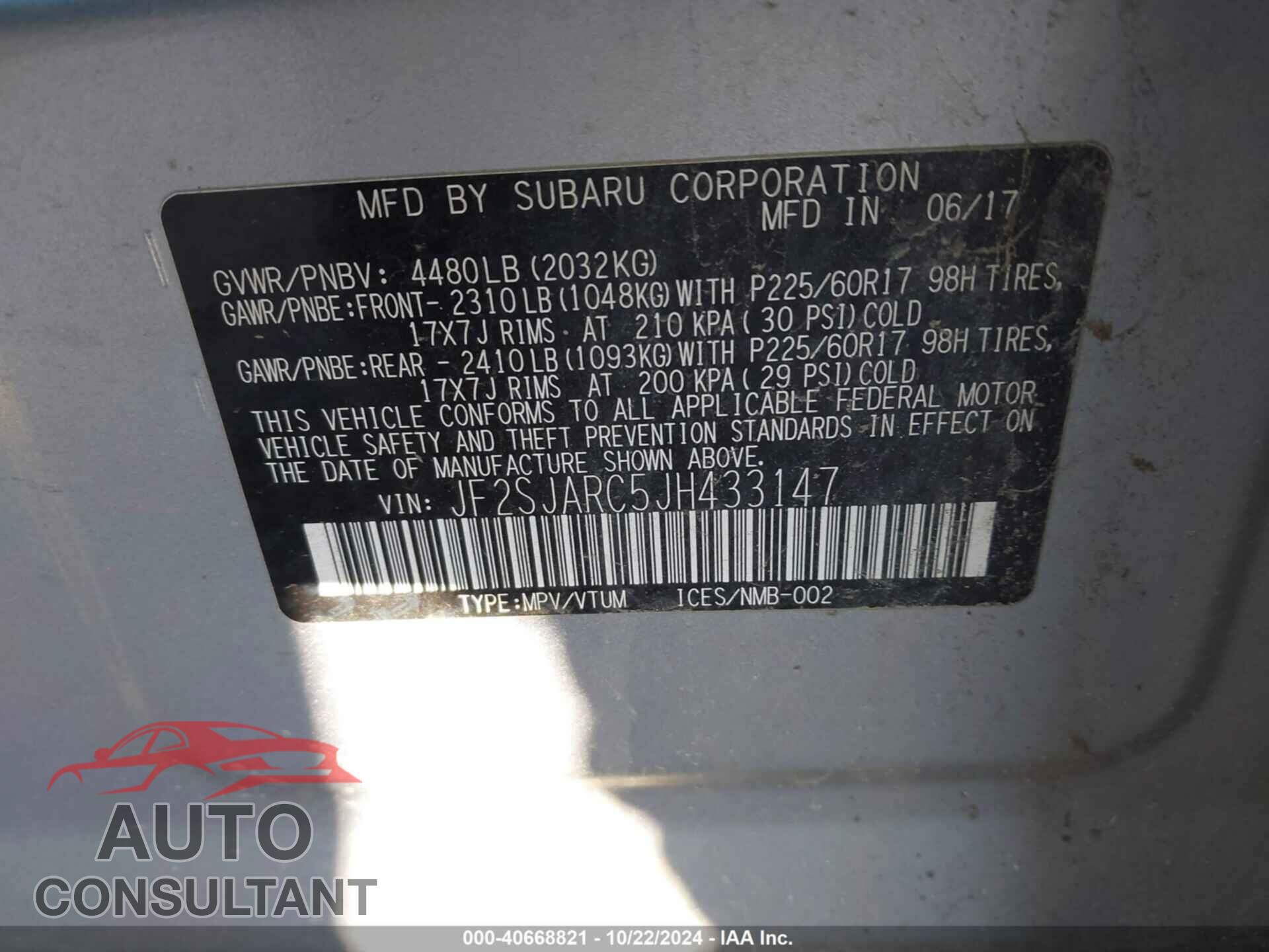 SUBARU FORESTER 2018 - JF2SJARC5JH433147