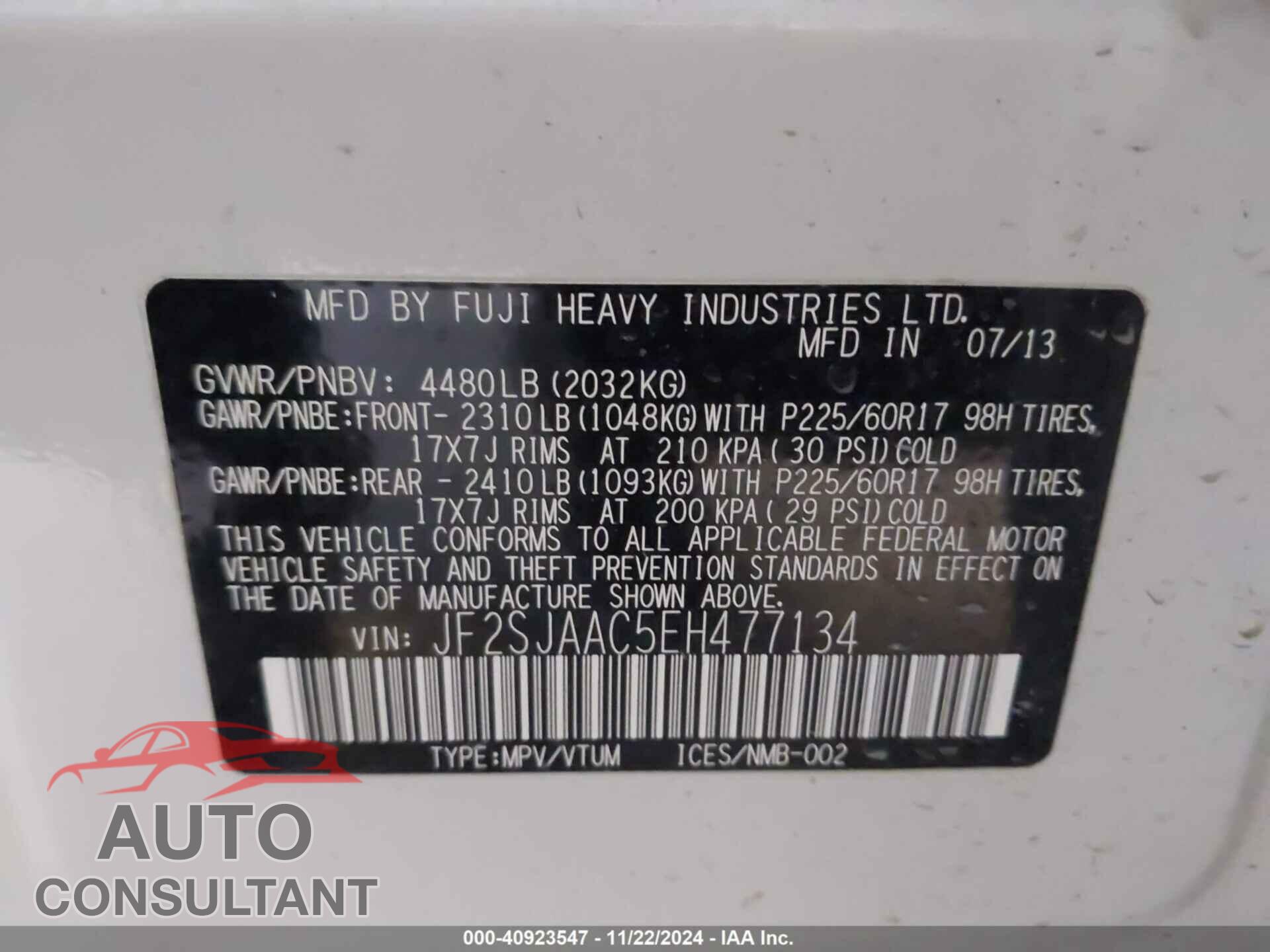SUBARU FORESTER 2014 - JF2SJAAC5EH477134