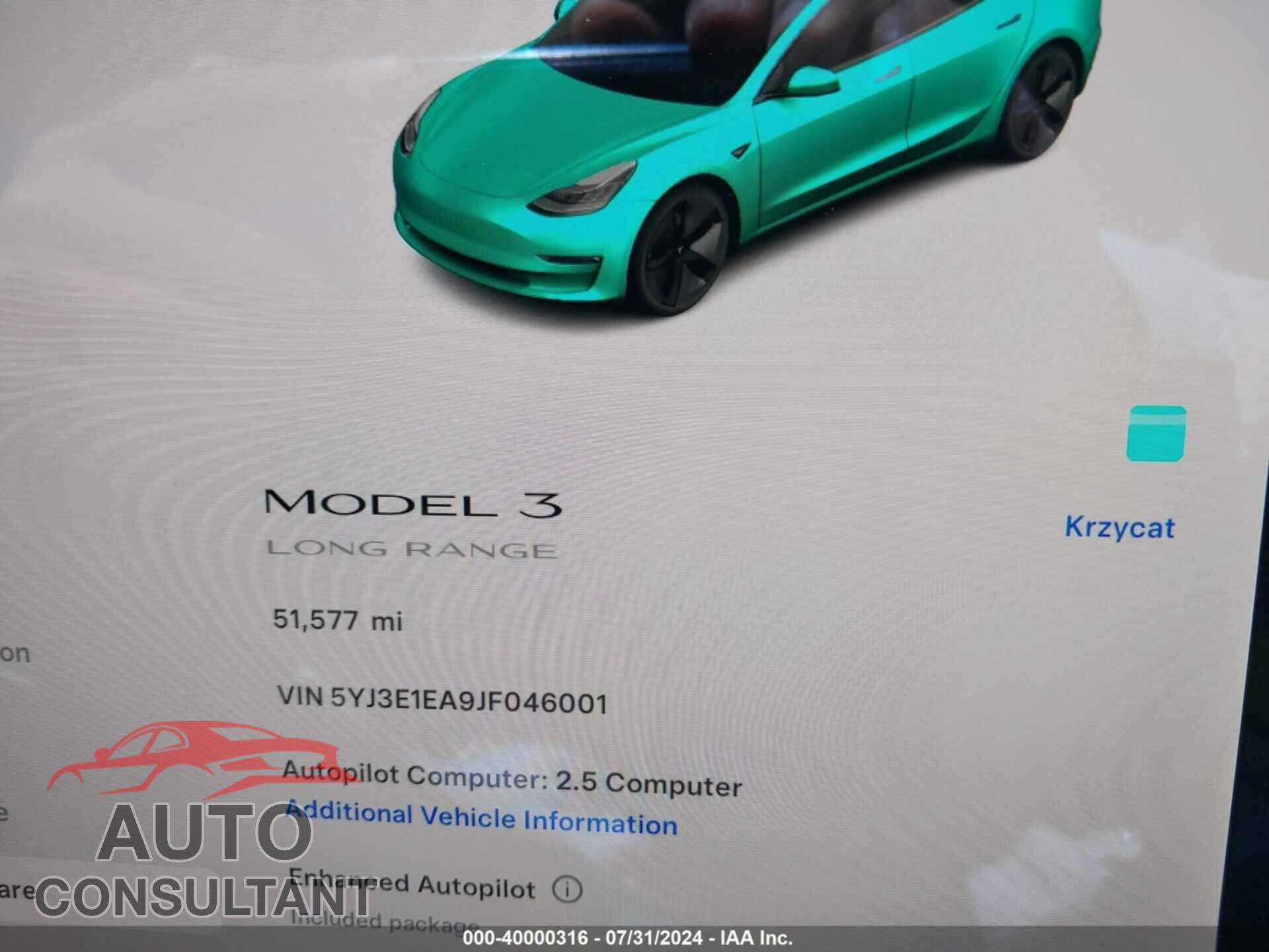 TESLA MODEL 3 2018 - 5YJ3E1EA9JF046001