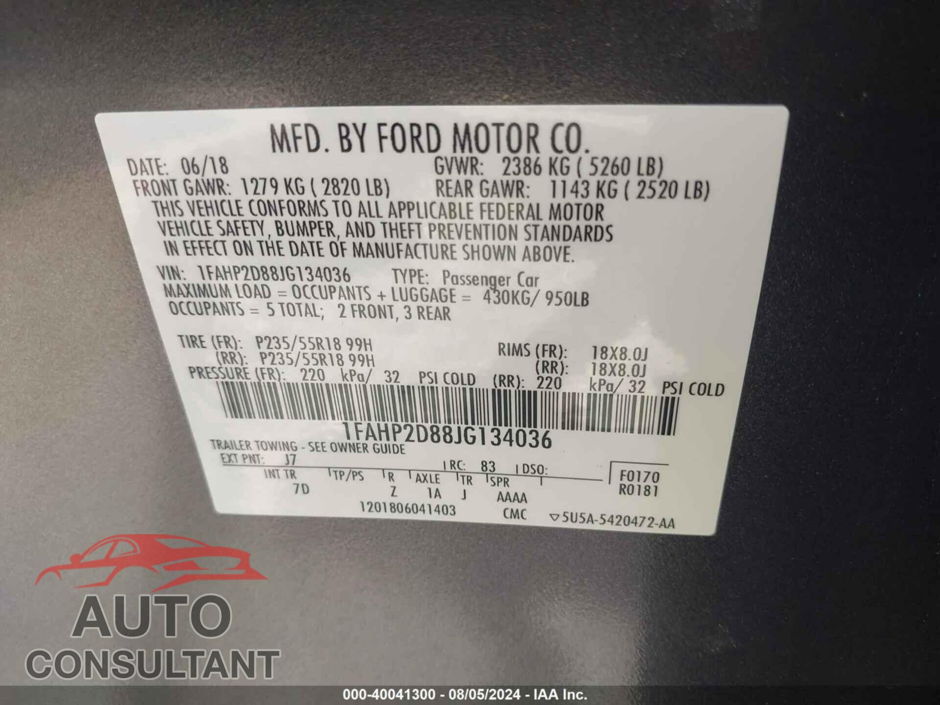 FORD TAURUS 2018 - 1FAHP2D88JG134036